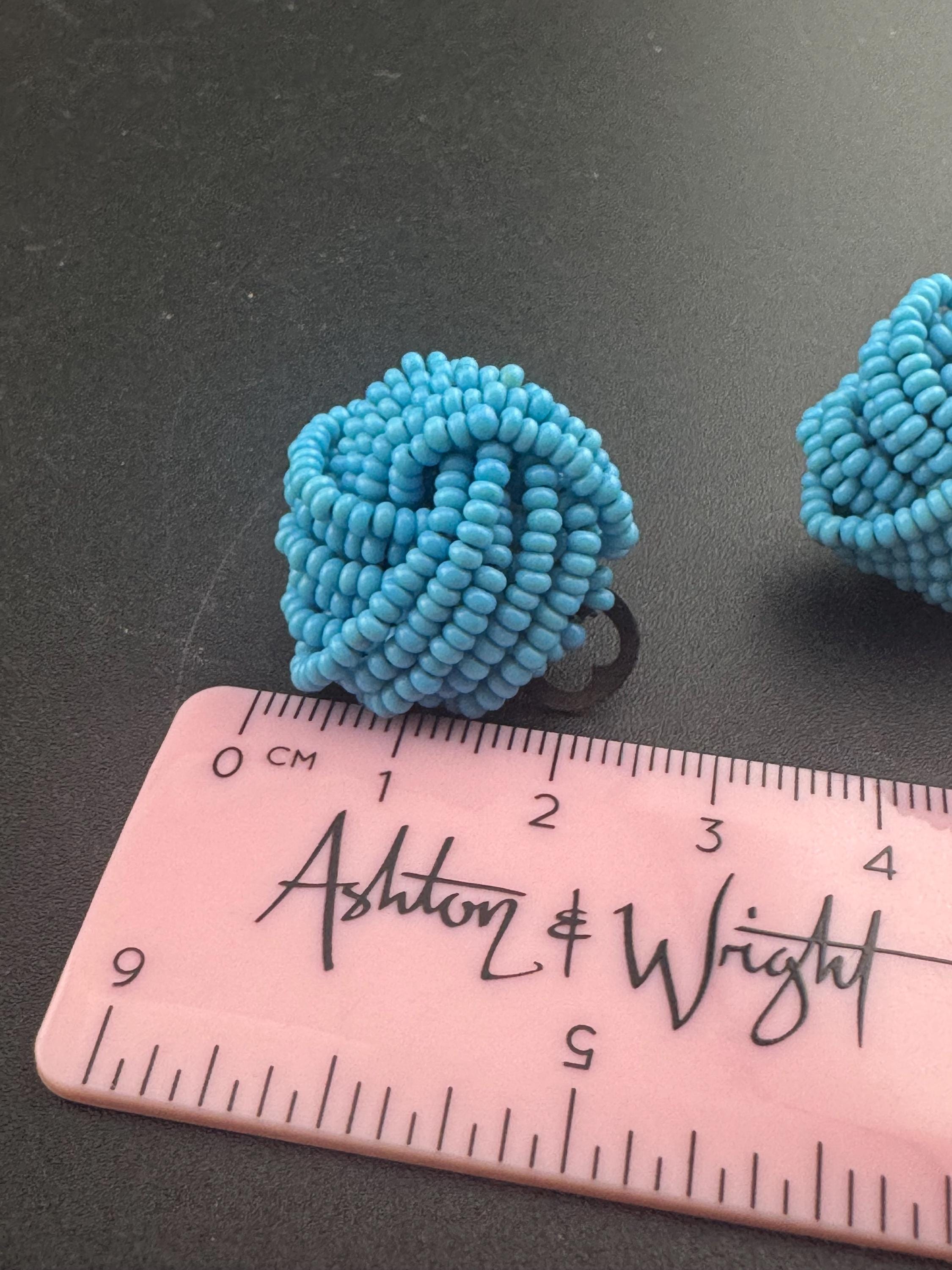 Vintage light ice blue seed beaded KNOT Cluster Clip On Earrings