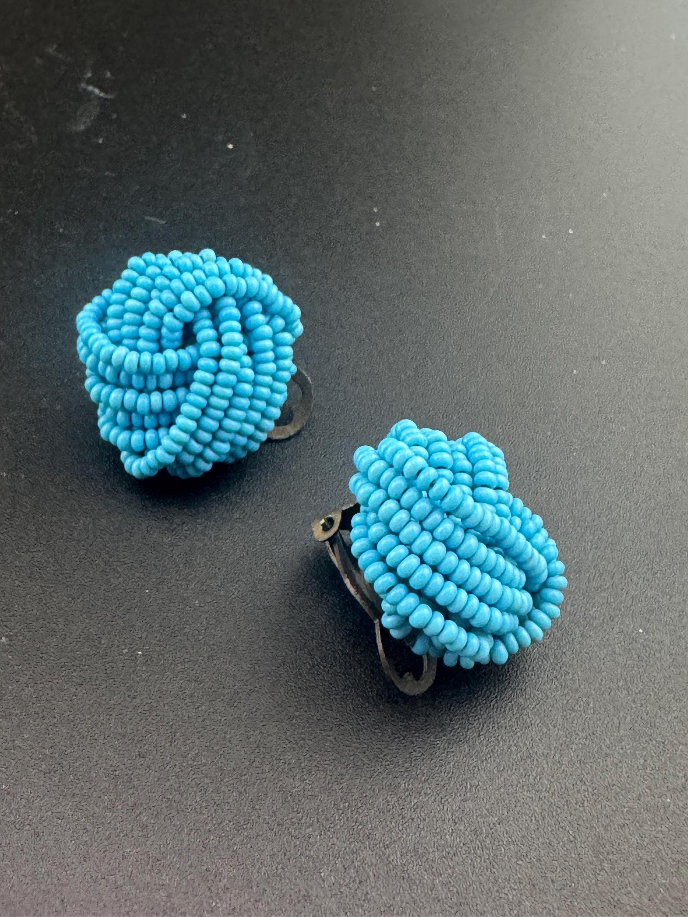 Vintage light ice blue seed beaded KNOT Cluster Clip On Earrings