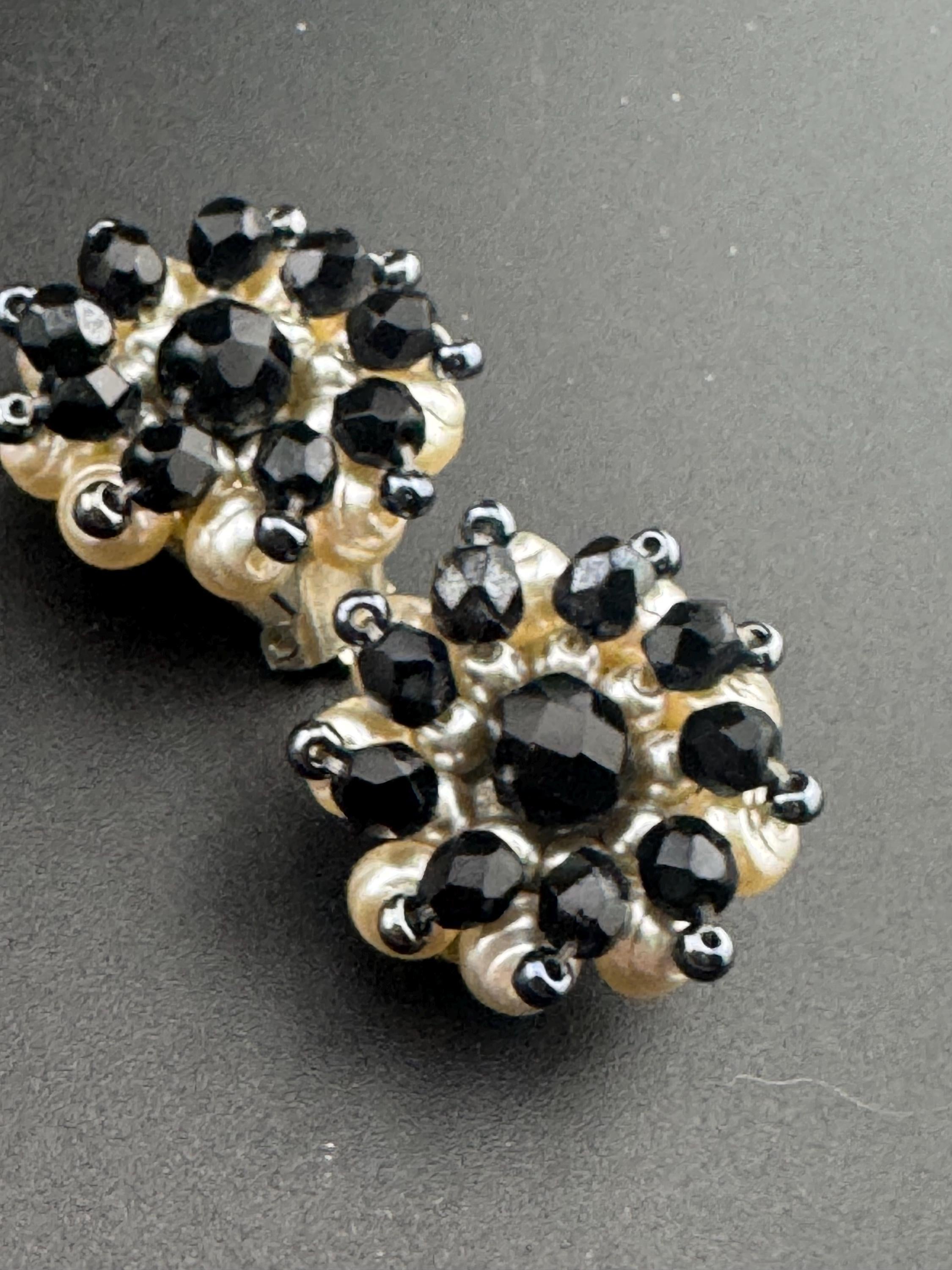 Vintage 1950s black faceted glass cream pearl beaded Cluster Clip On Earrings