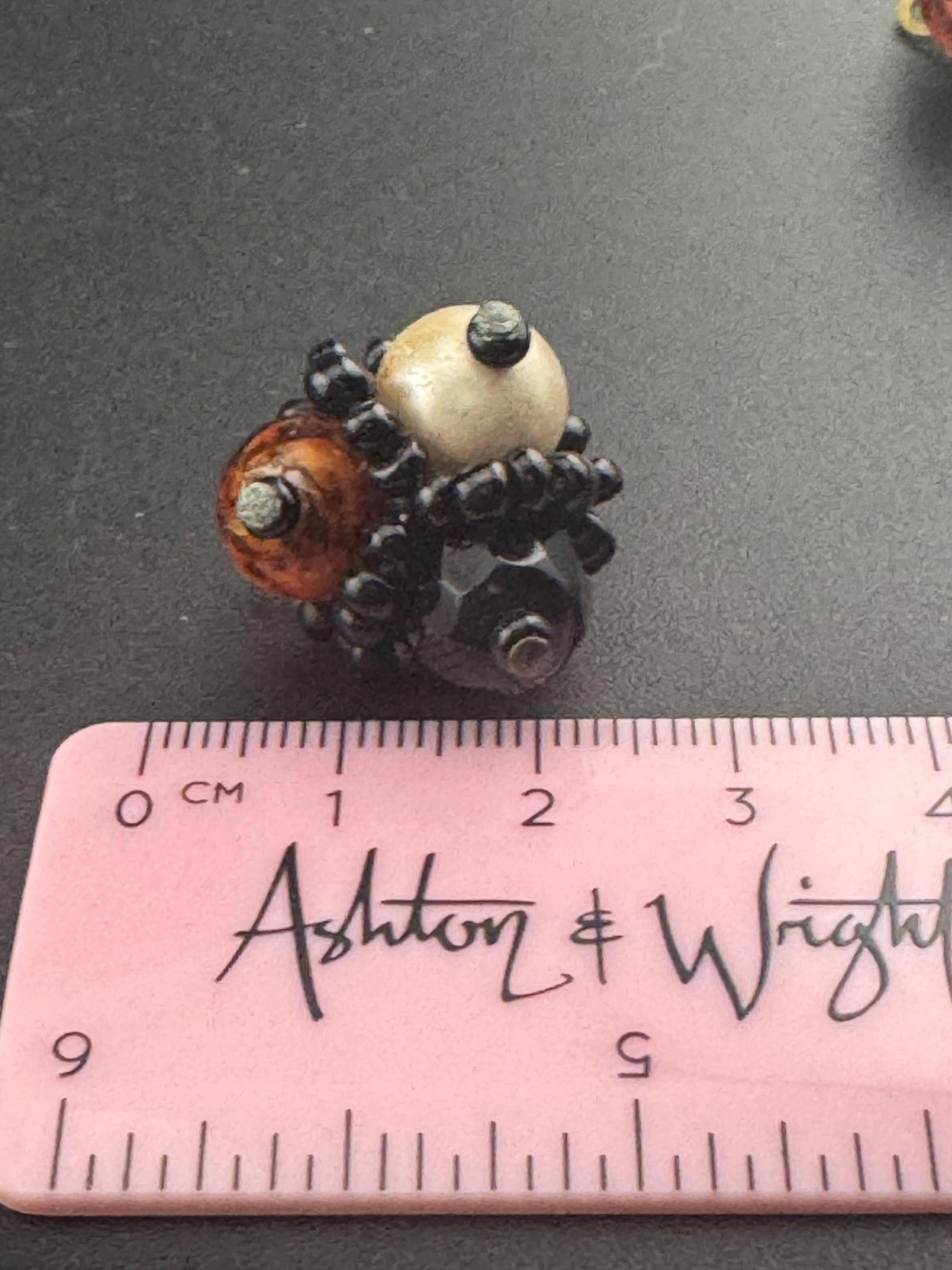 Orange black brown glass seed bead  clip on earrings vintage