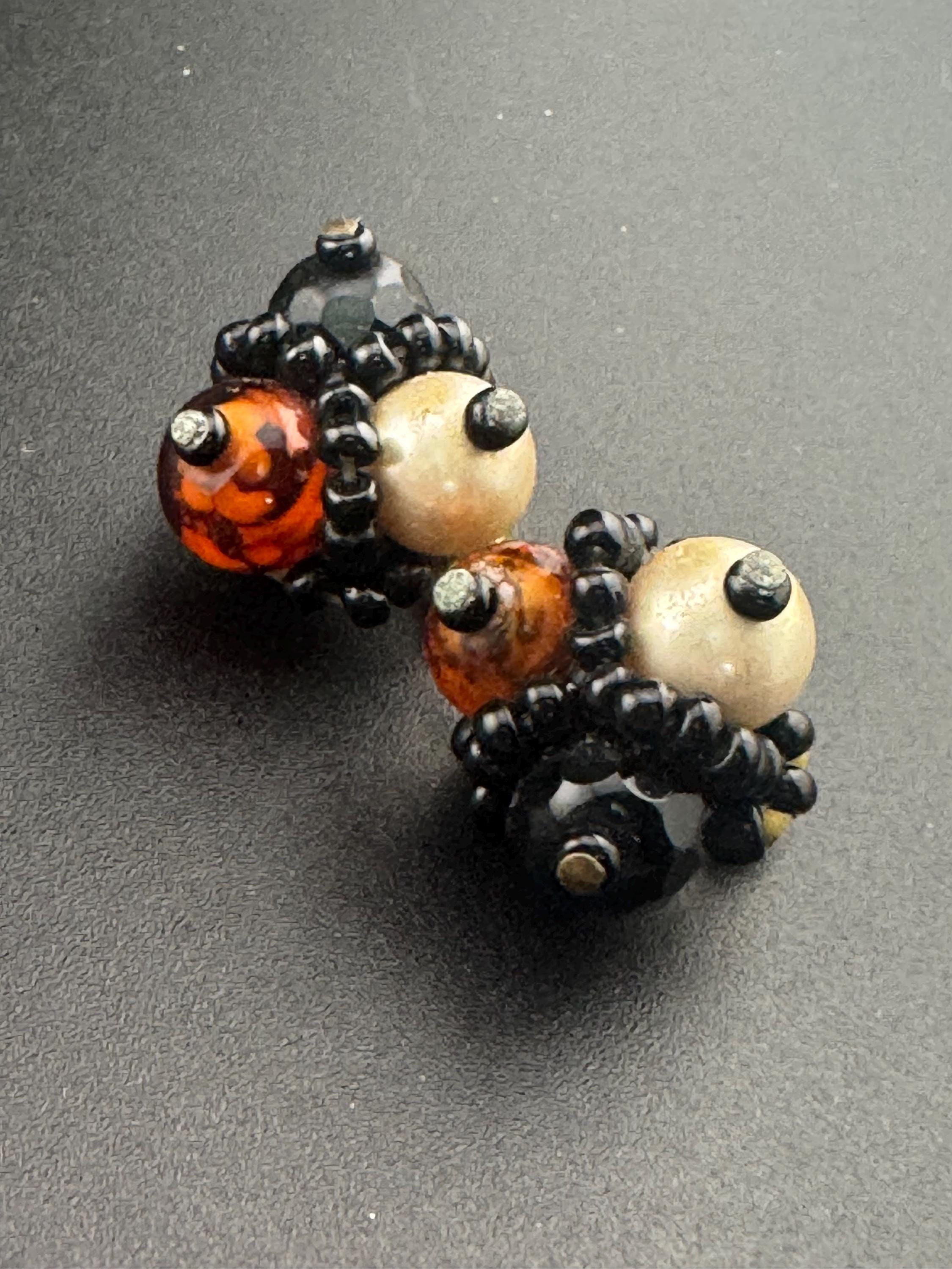 Orange black brown glass seed bead  clip on earrings vintage