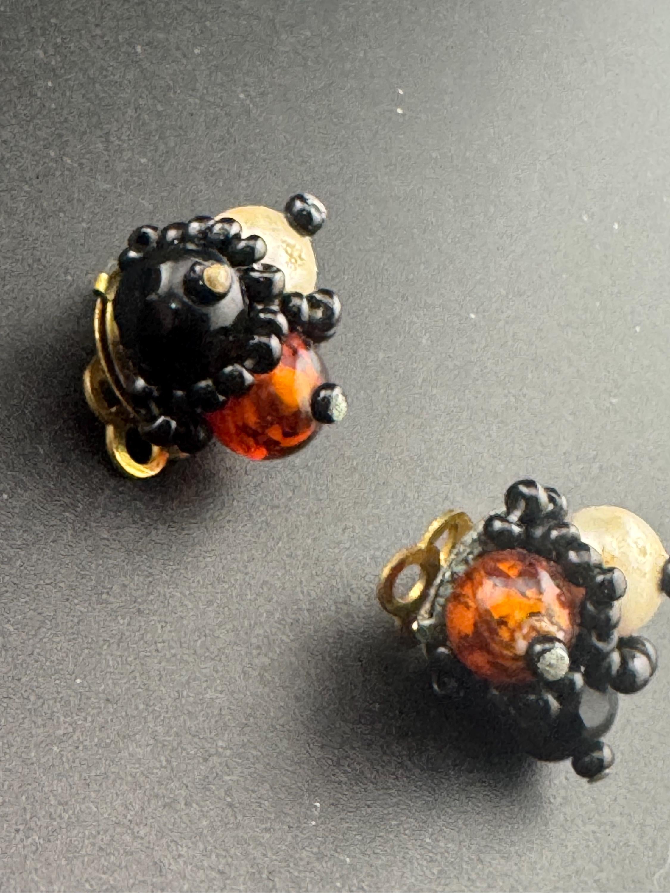 Orange black brown glass seed bead  clip on earrings vintage