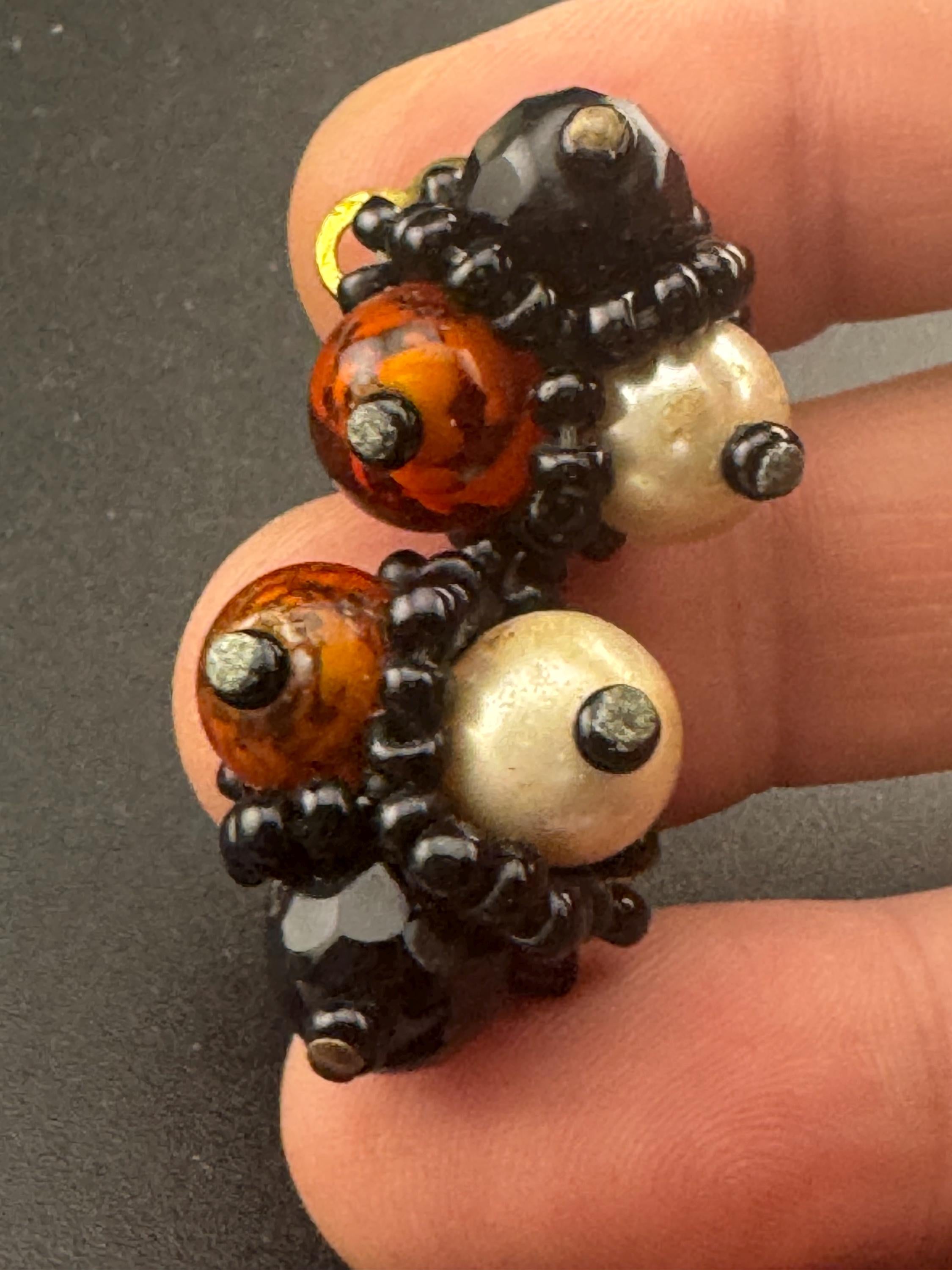 Orange black brown glass seed bead  clip on earrings vintage