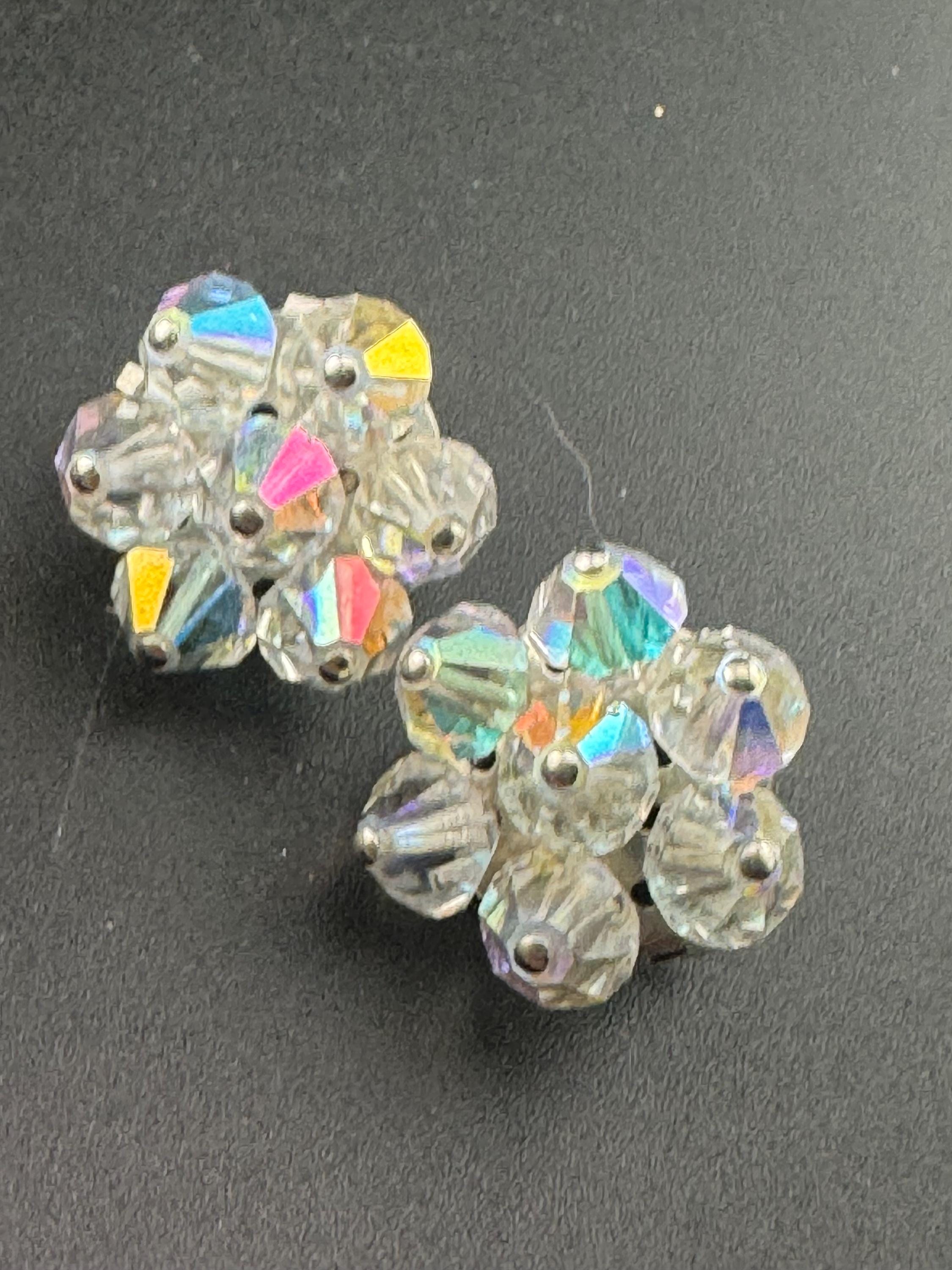 Vintage clear rainbow AB lustre glass beaded Cluster Clip On Earrings