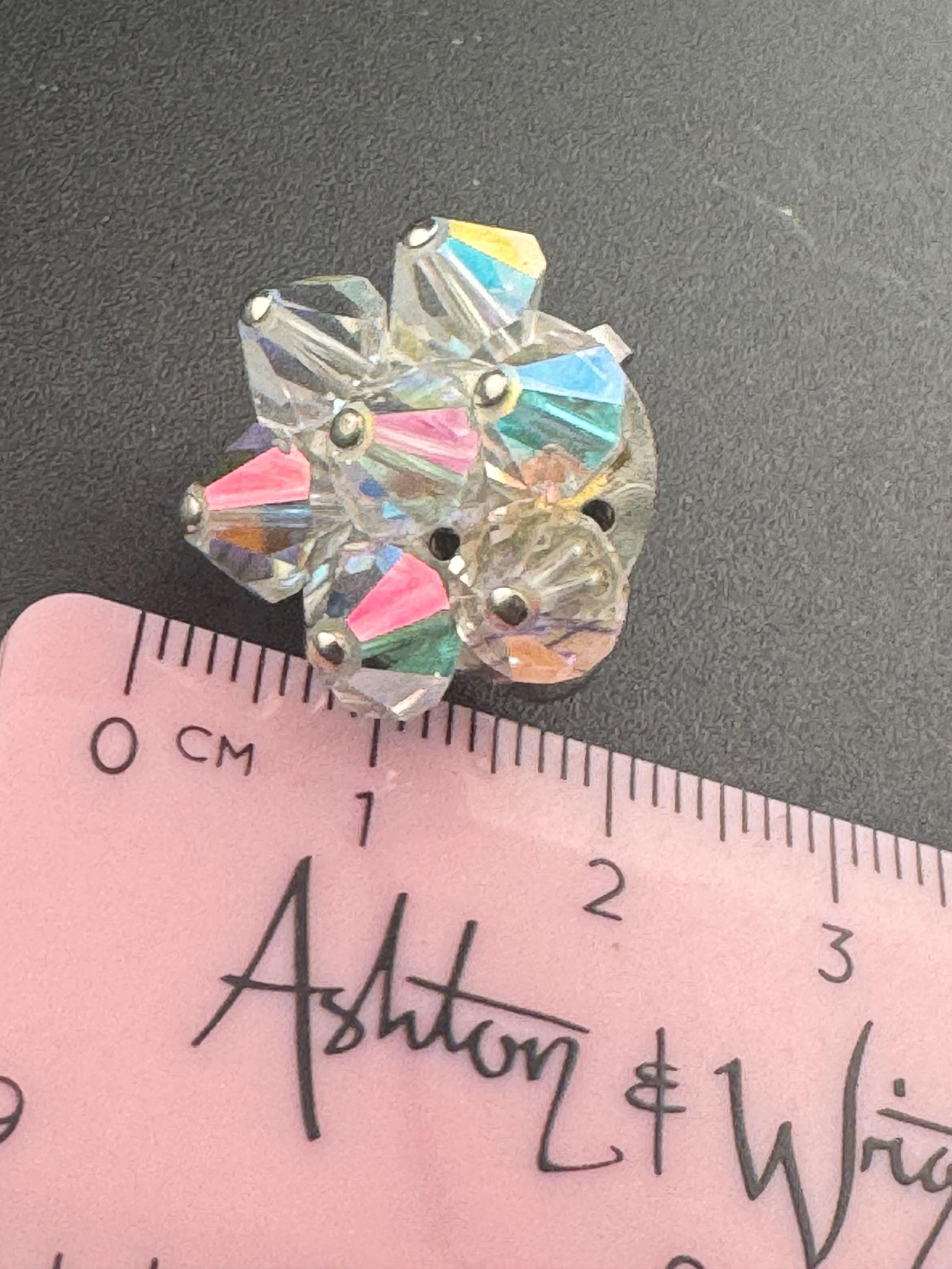 Vintage clear rainbow AB lustre glass beaded Cluster Clip On Earrings