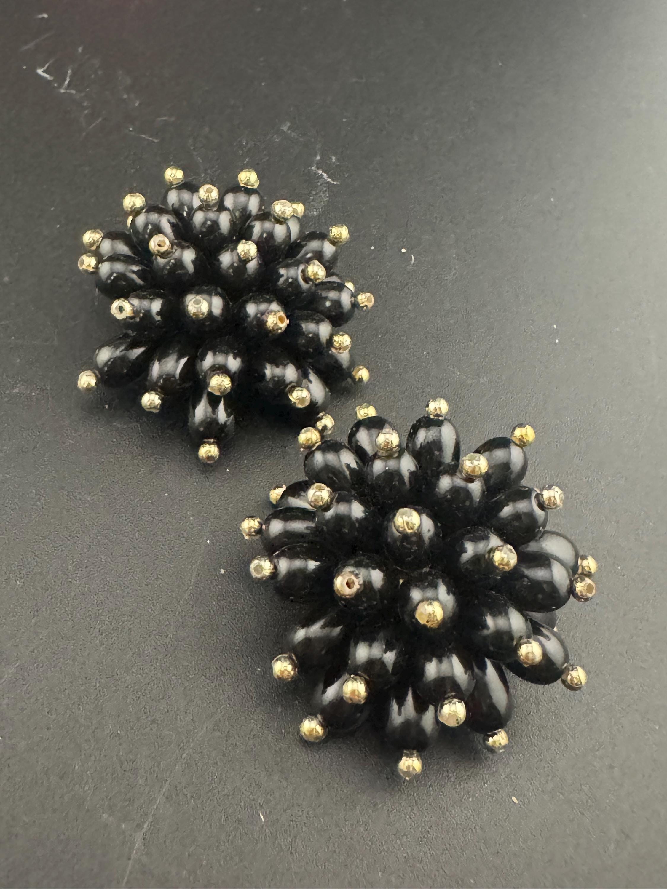 Oversized 4cm black gold plastic cluster beaded round domed Clip On Earrings Vintage