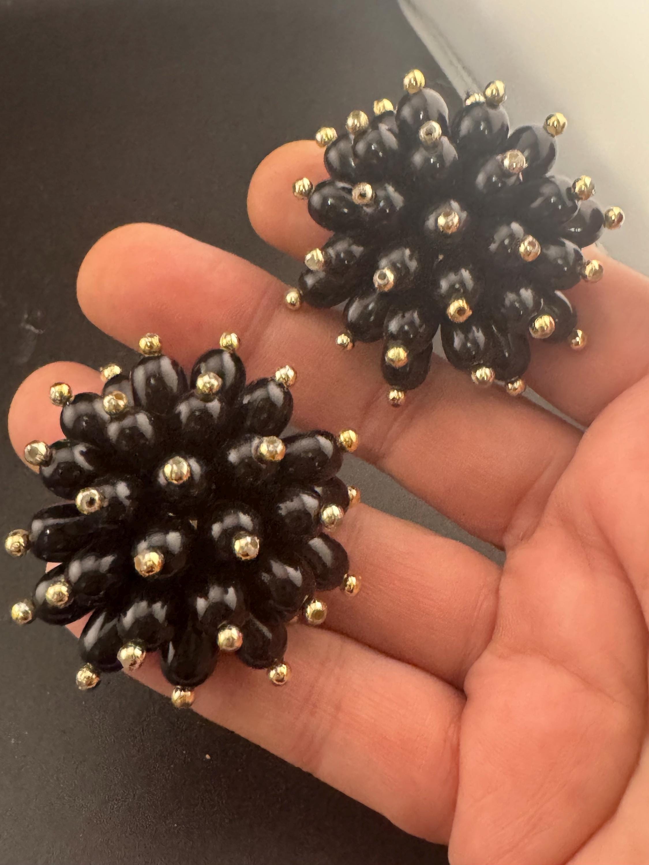 Oversized 4cm black gold plastic cluster beaded round domed Clip On Earrings Vintage