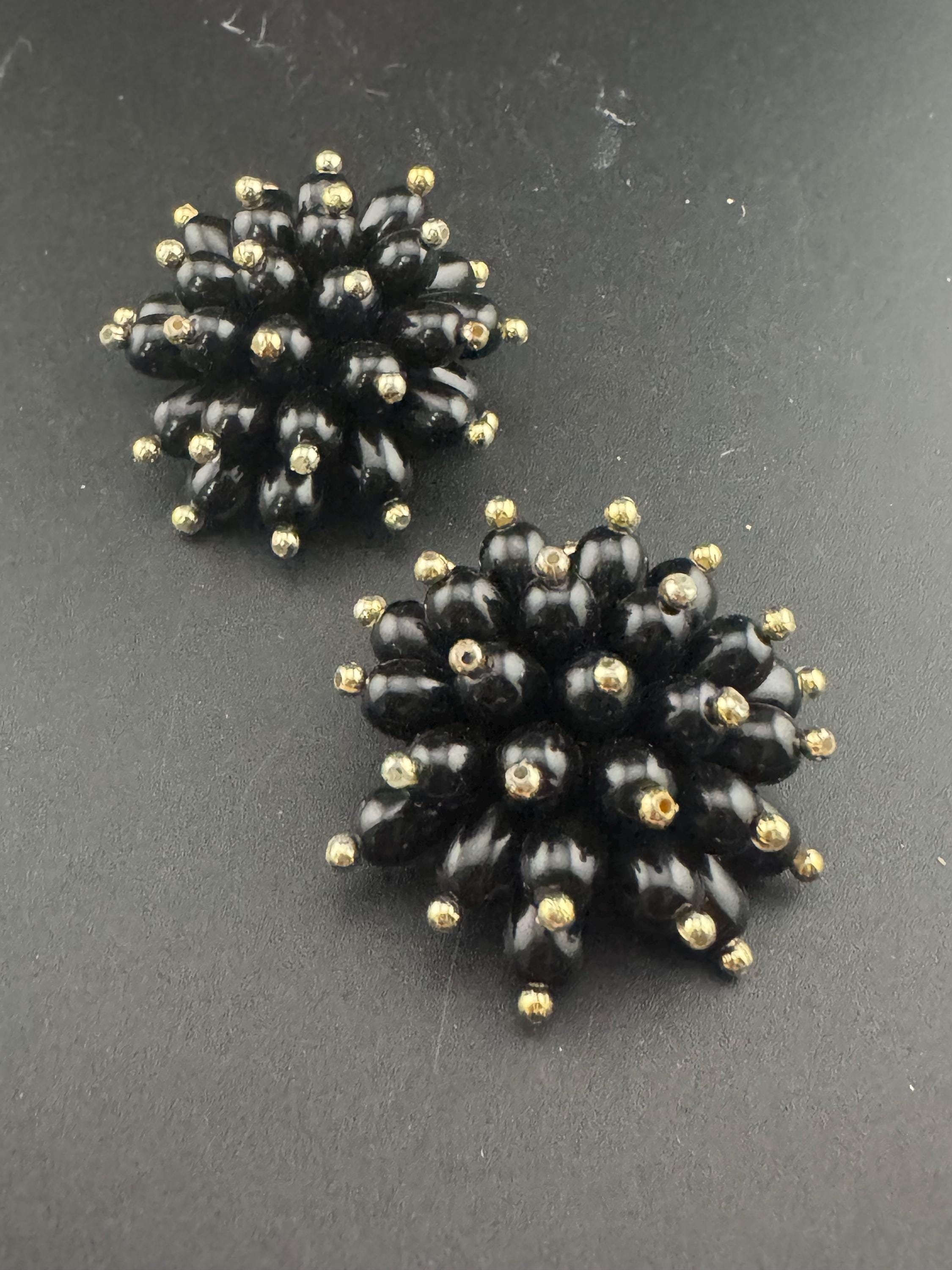 Oversized 4cm black gold plastic cluster beaded round domed Clip On Earrings Vintage