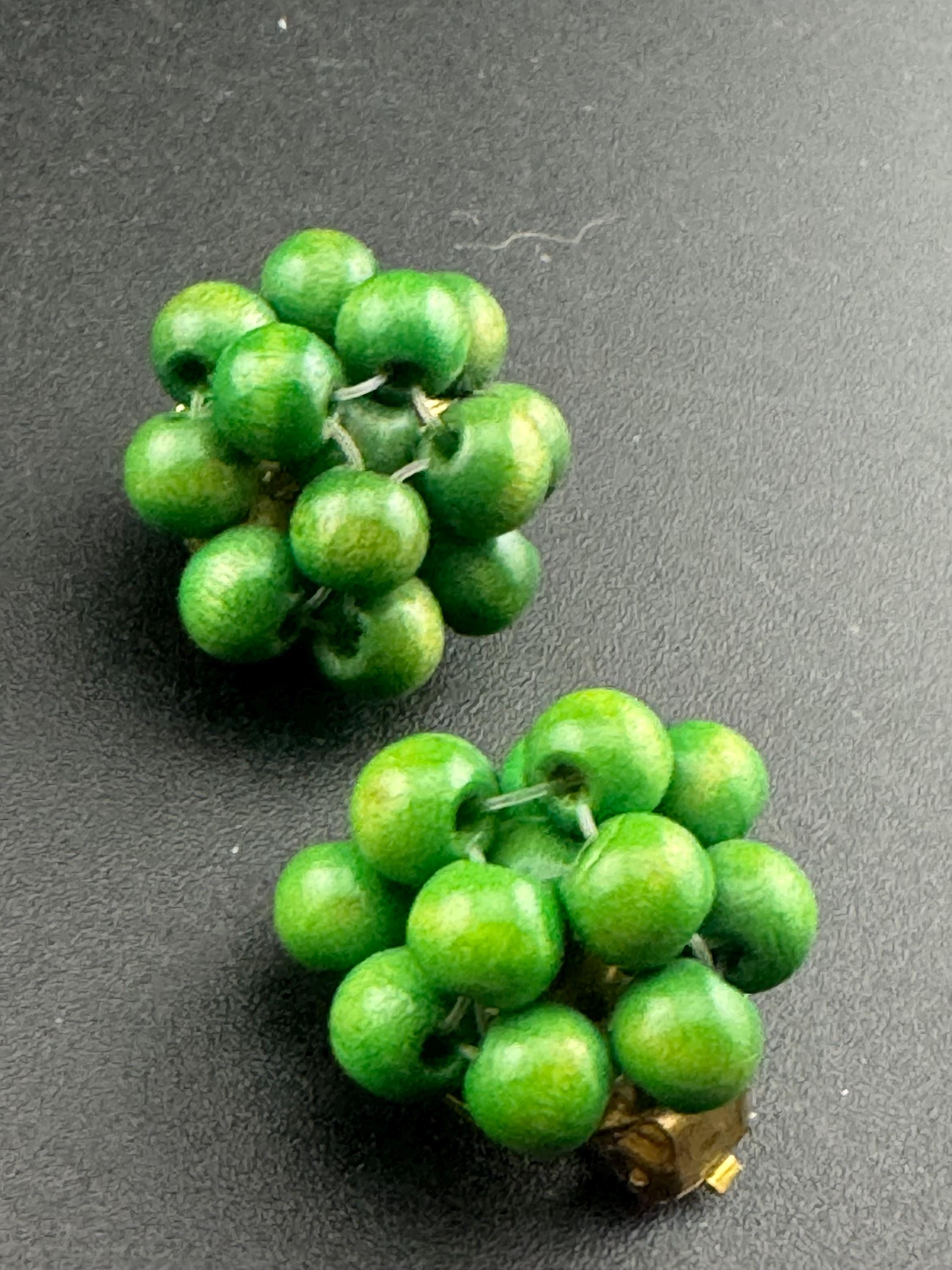 Vintage natural wooden round bright GREEN beaded cluster earrings