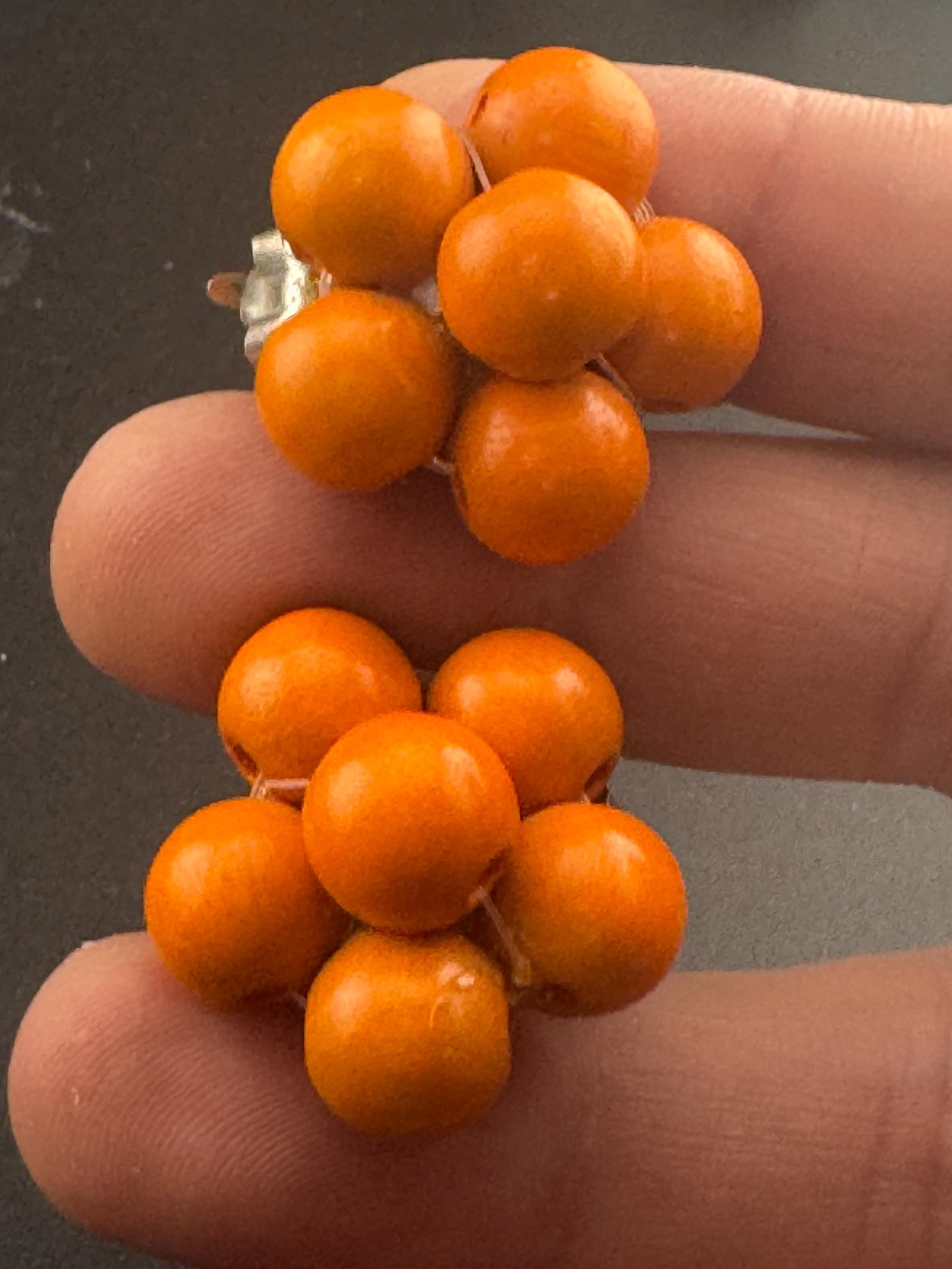 Vintage natural wooden round bright orange beaded cluster earrings