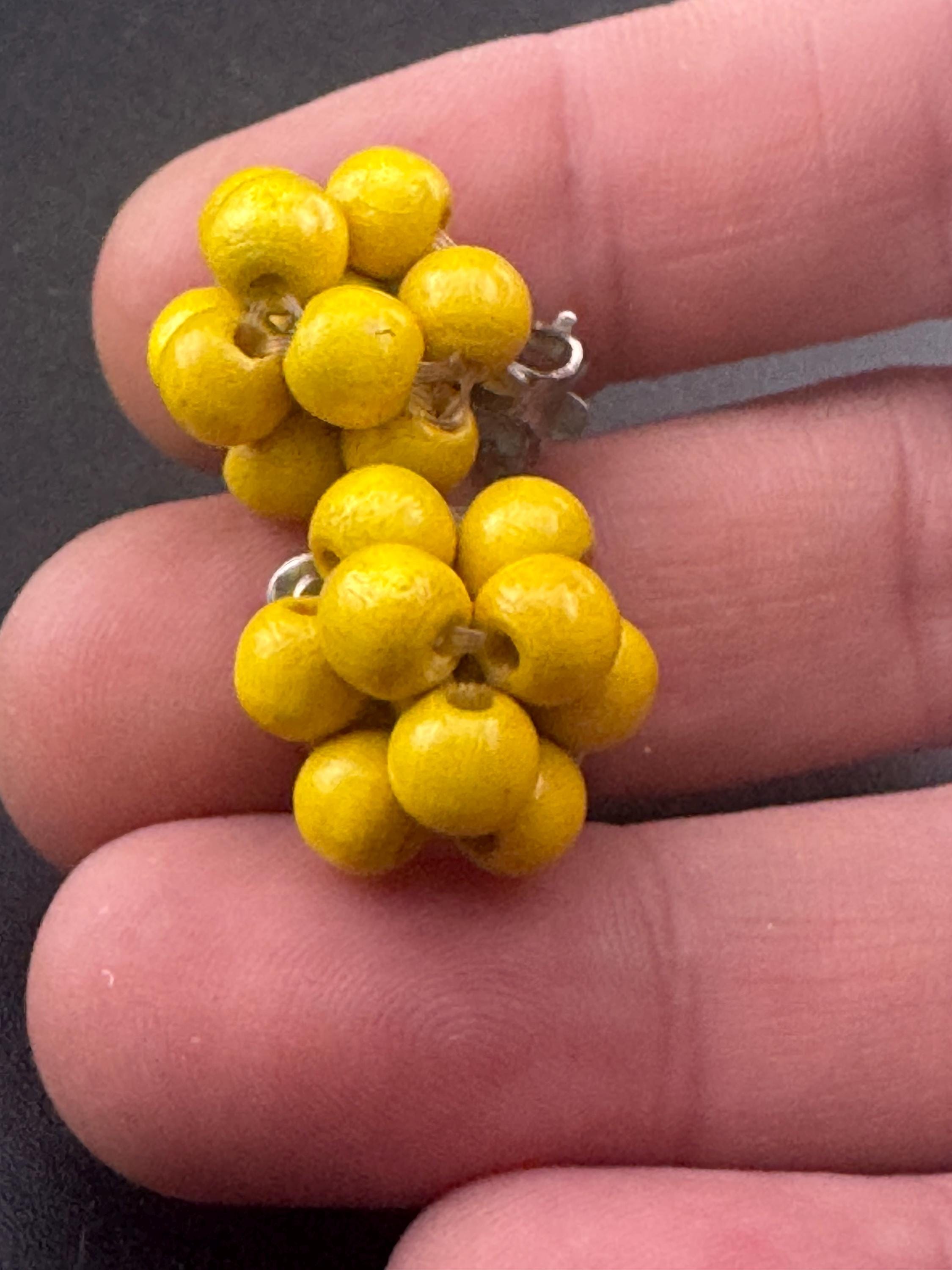 Vintage natural wooden round bright yellow beaded cluster earrings