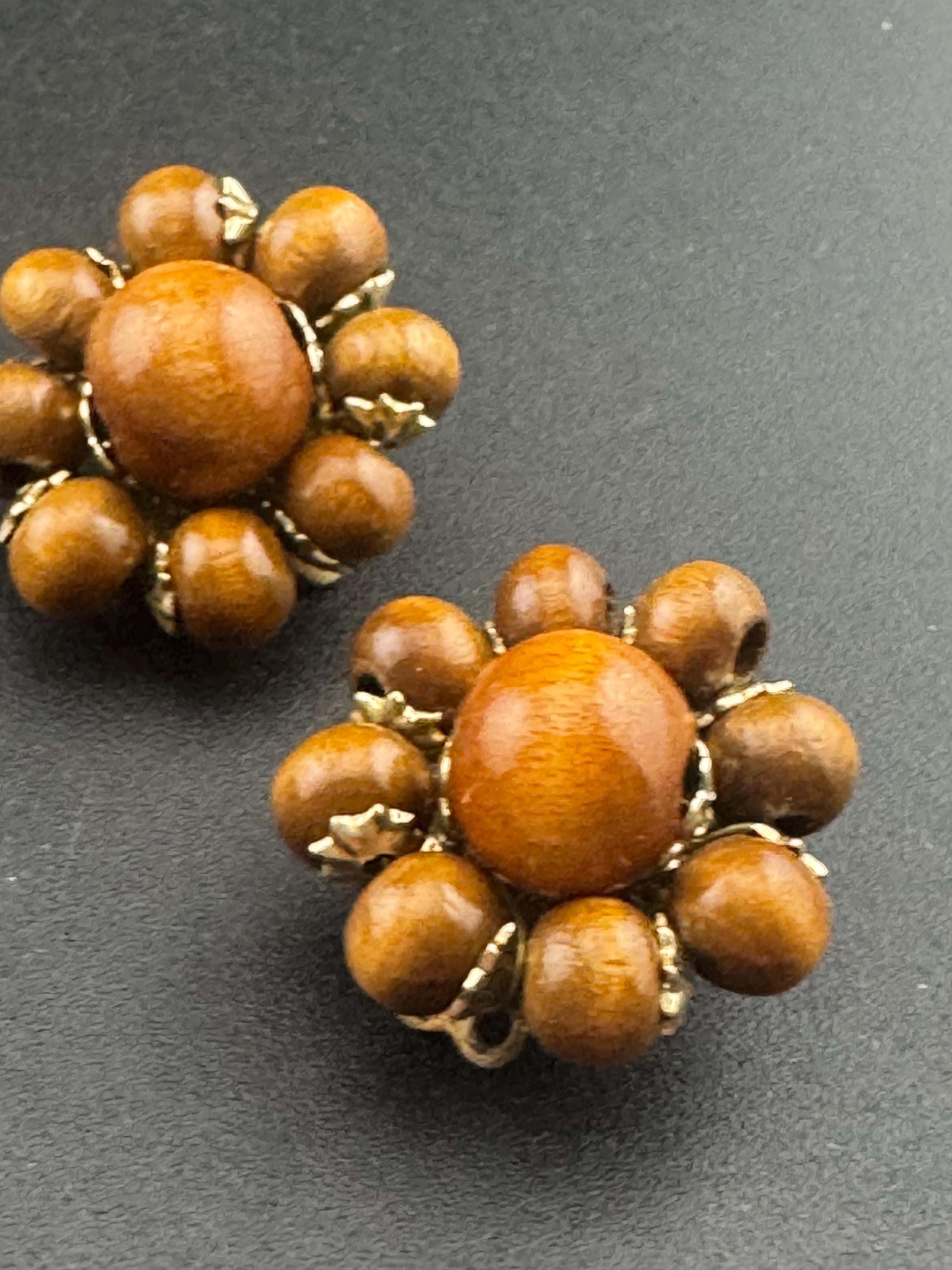 Vintage natural wooden round  brown beaded cluster earrings