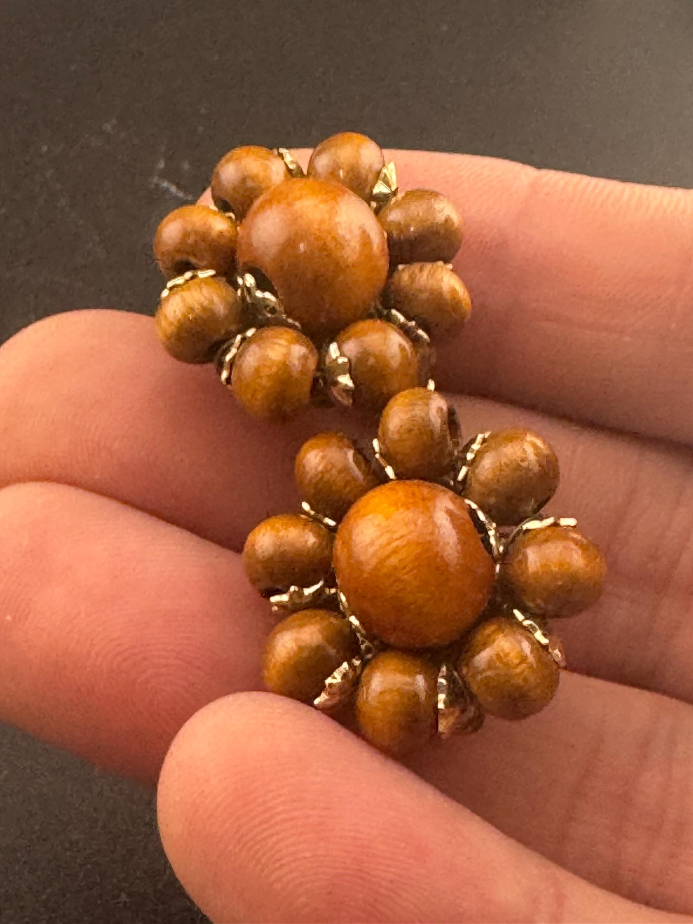 Vintage natural wooden round  brown beaded cluster earrings