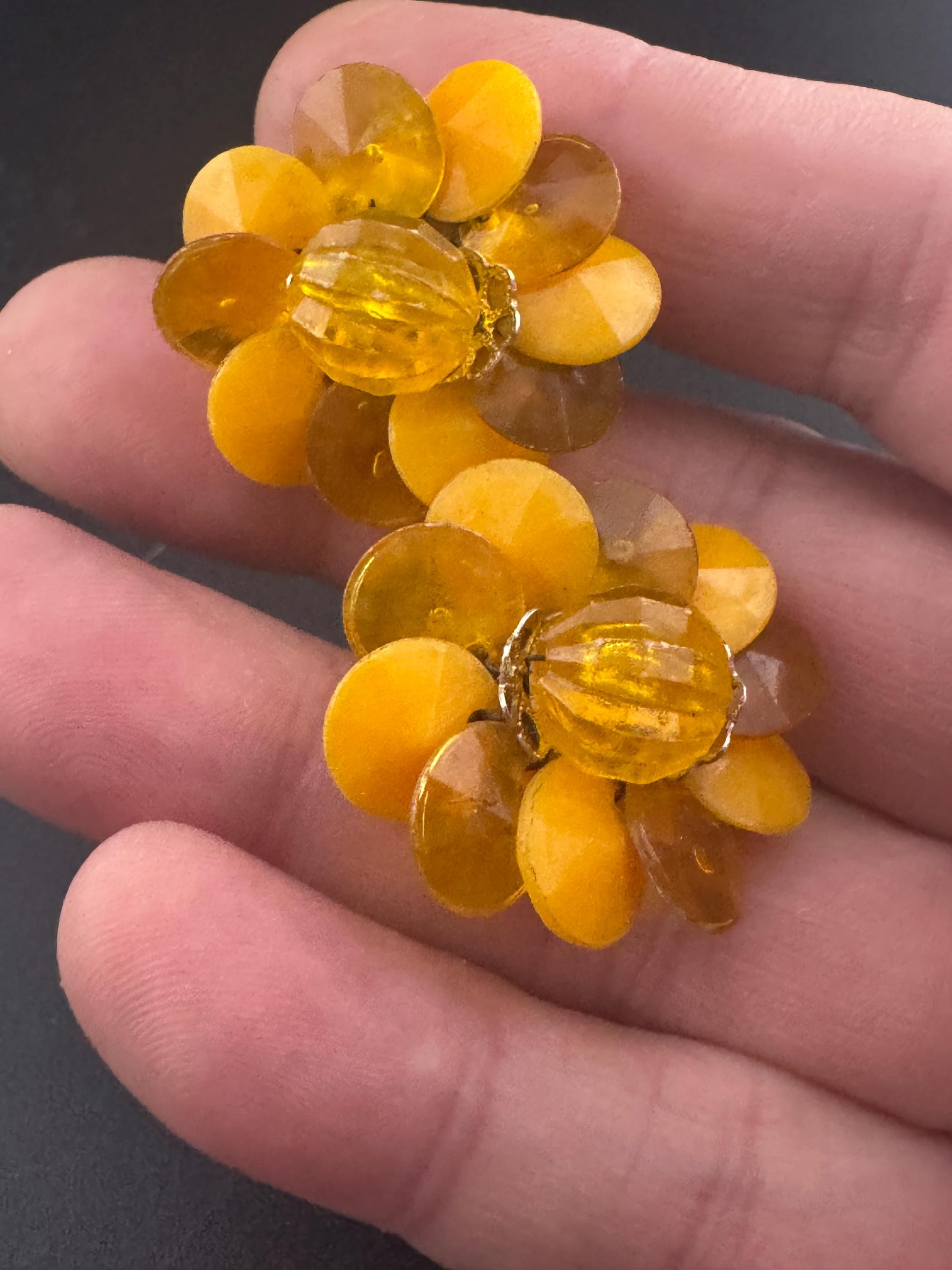 Vintage 1950s tangerine light orange  plastic Cluster Clip On Earrings