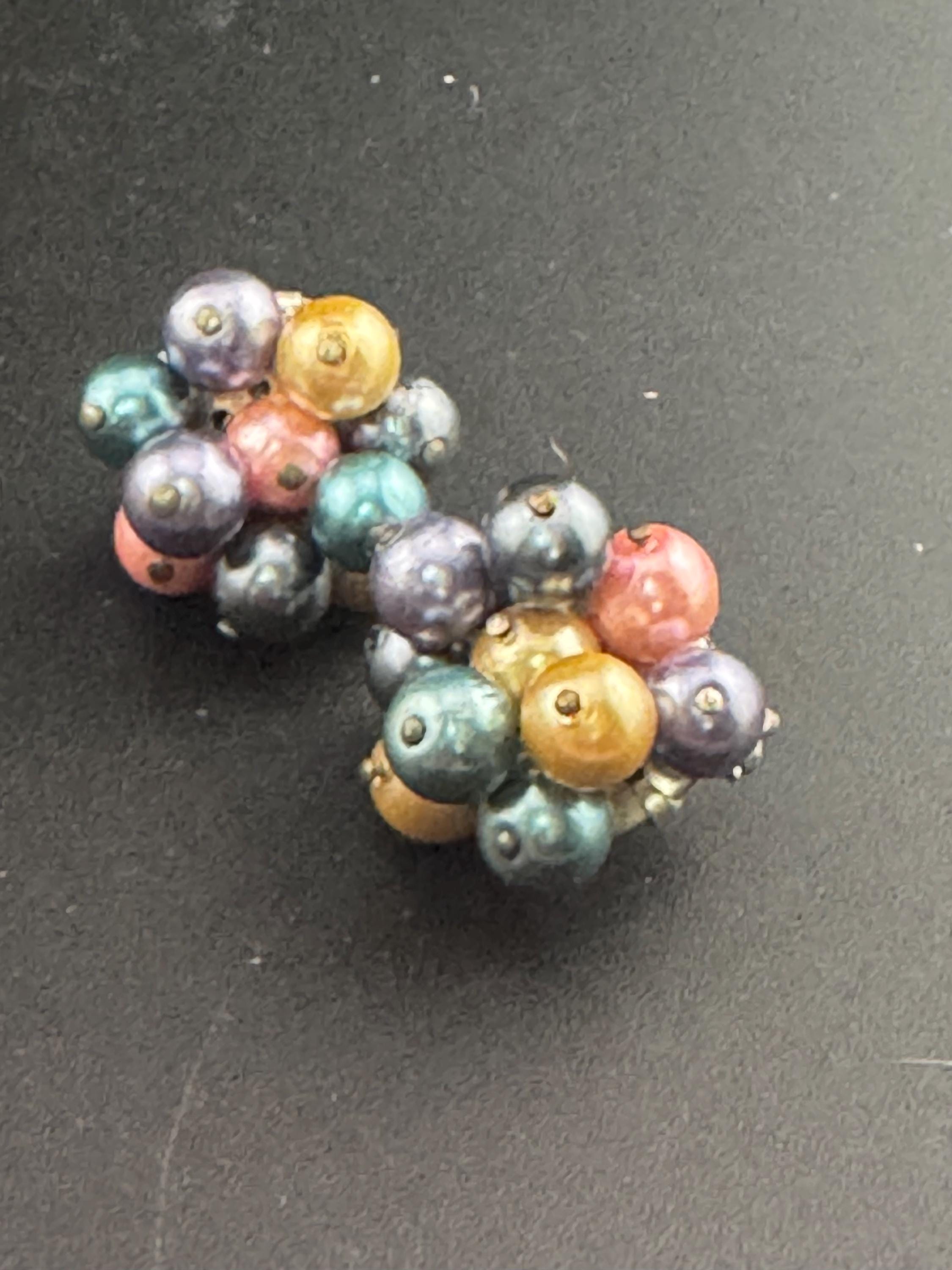 Vintage rainbow faux pearl plastic beaded Cluster Clip On Earrings