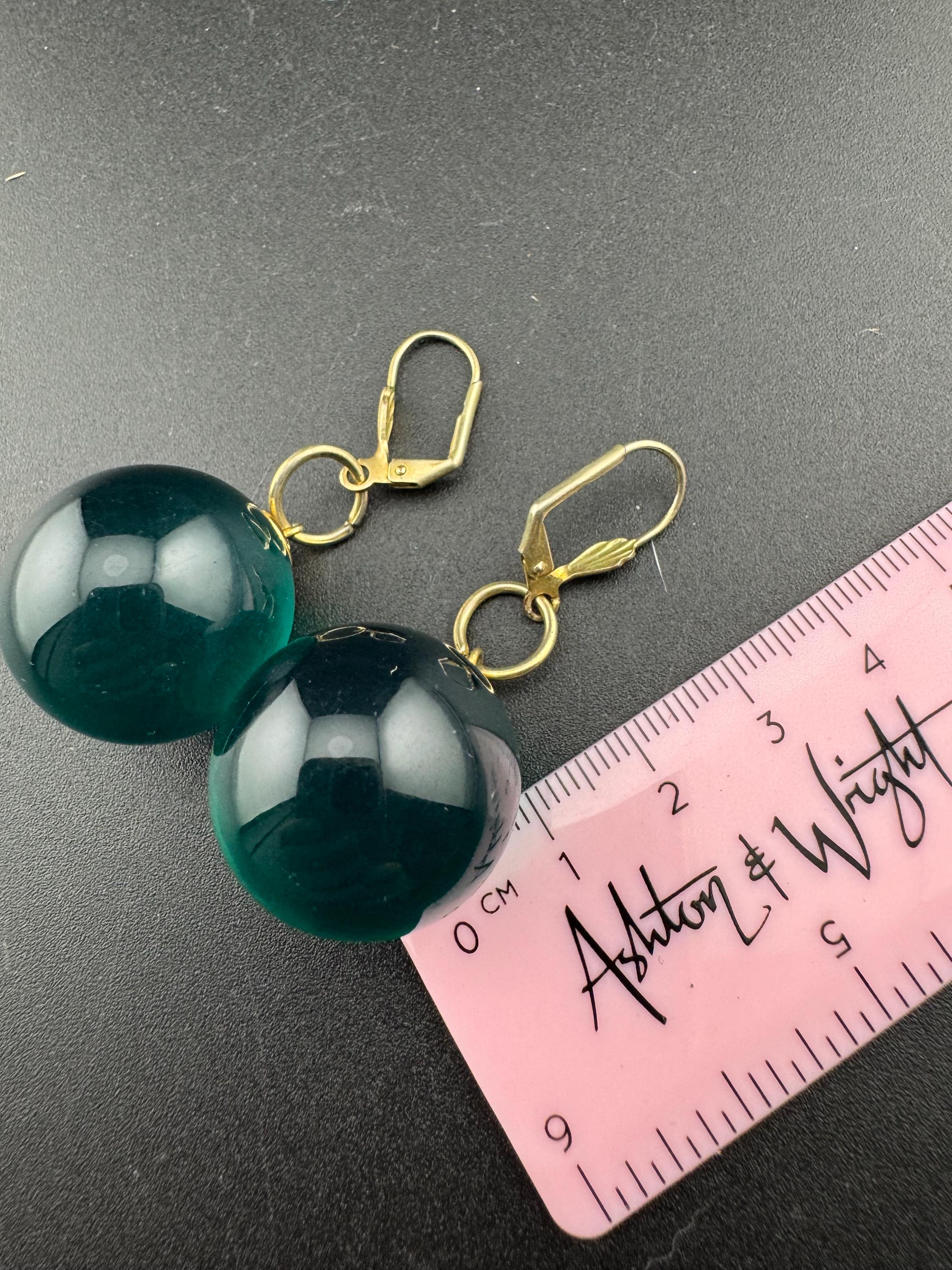 Oversized Emerald green acrylic ball bead dangly gold tone earrings for pierced ears