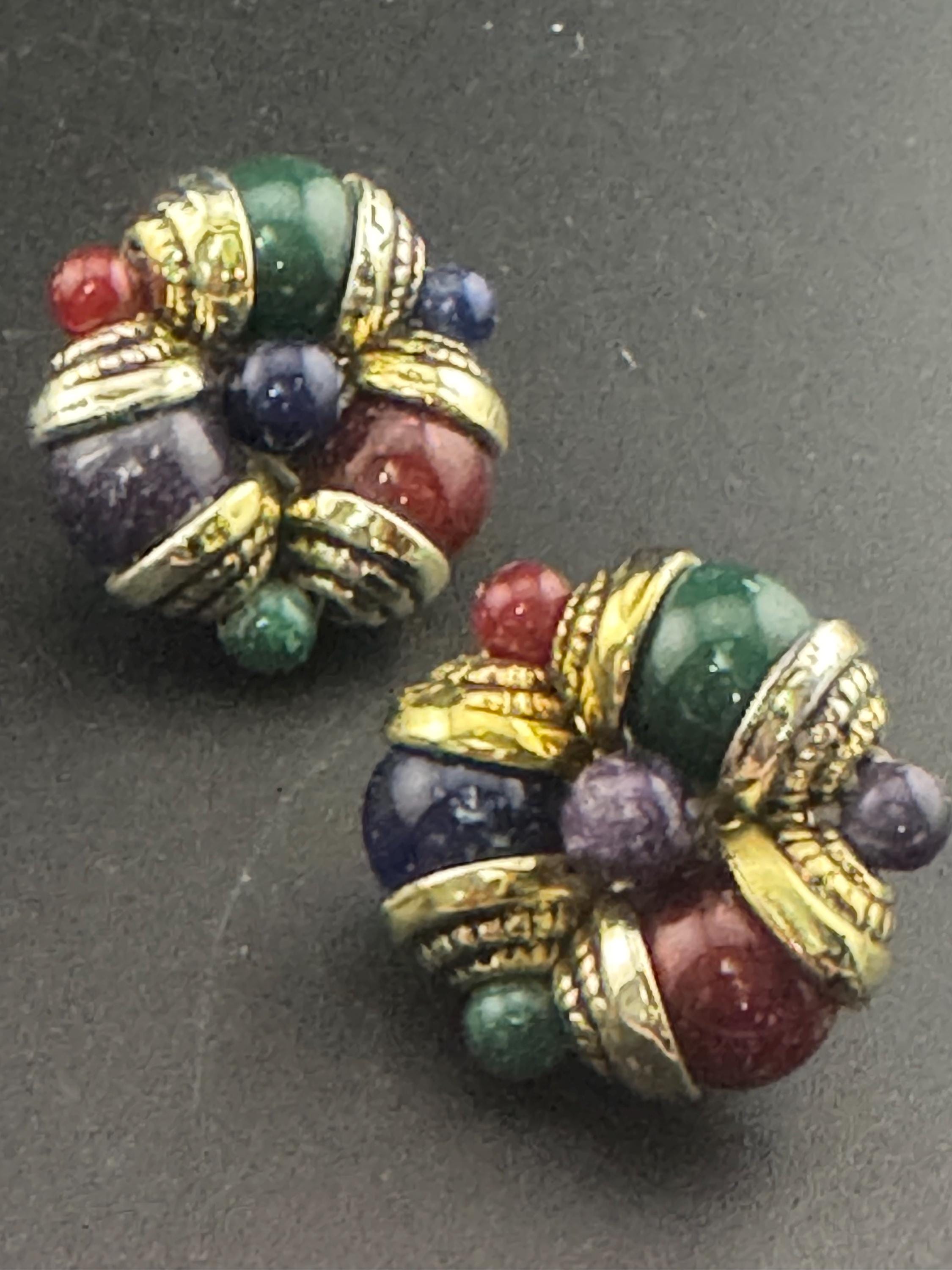 Vintage red green blue purple gold   plastic beaded Cluster Clip On Earrings 80s