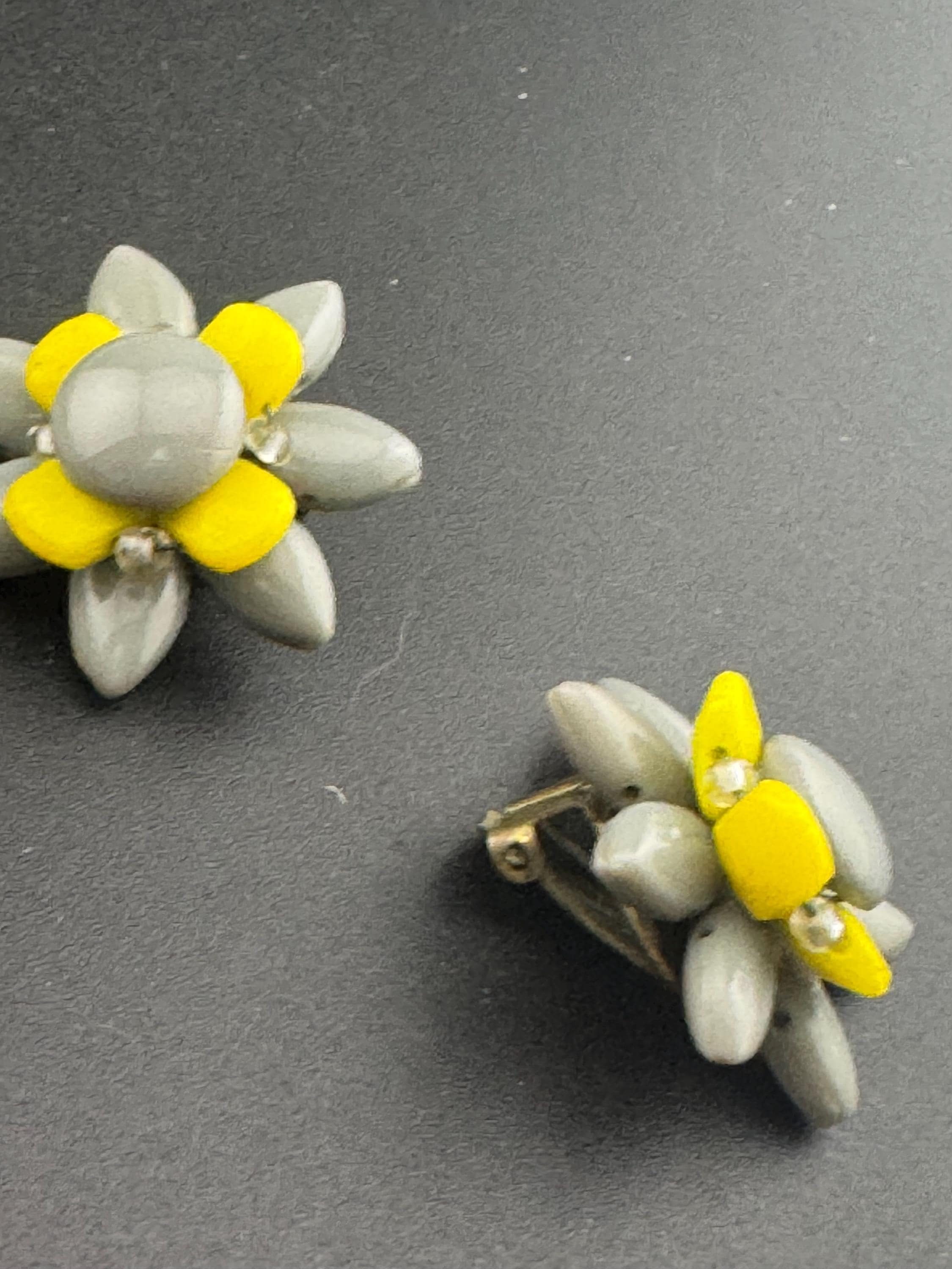 Vintage grey and yellow Czech Glass beaded Cluster Clip On Earrings