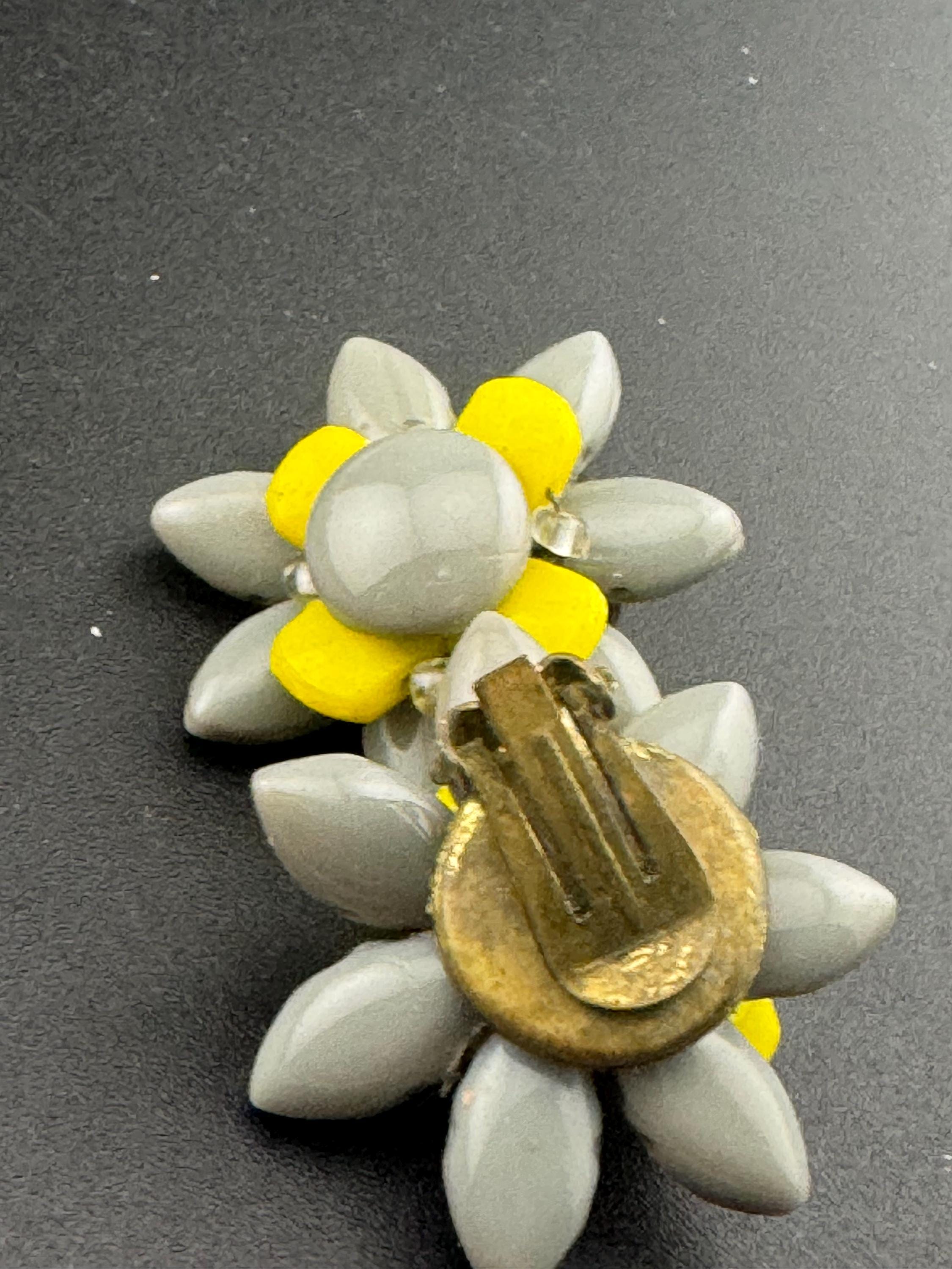 Vintage grey and yellow Czech Glass beaded Cluster Clip On Earrings