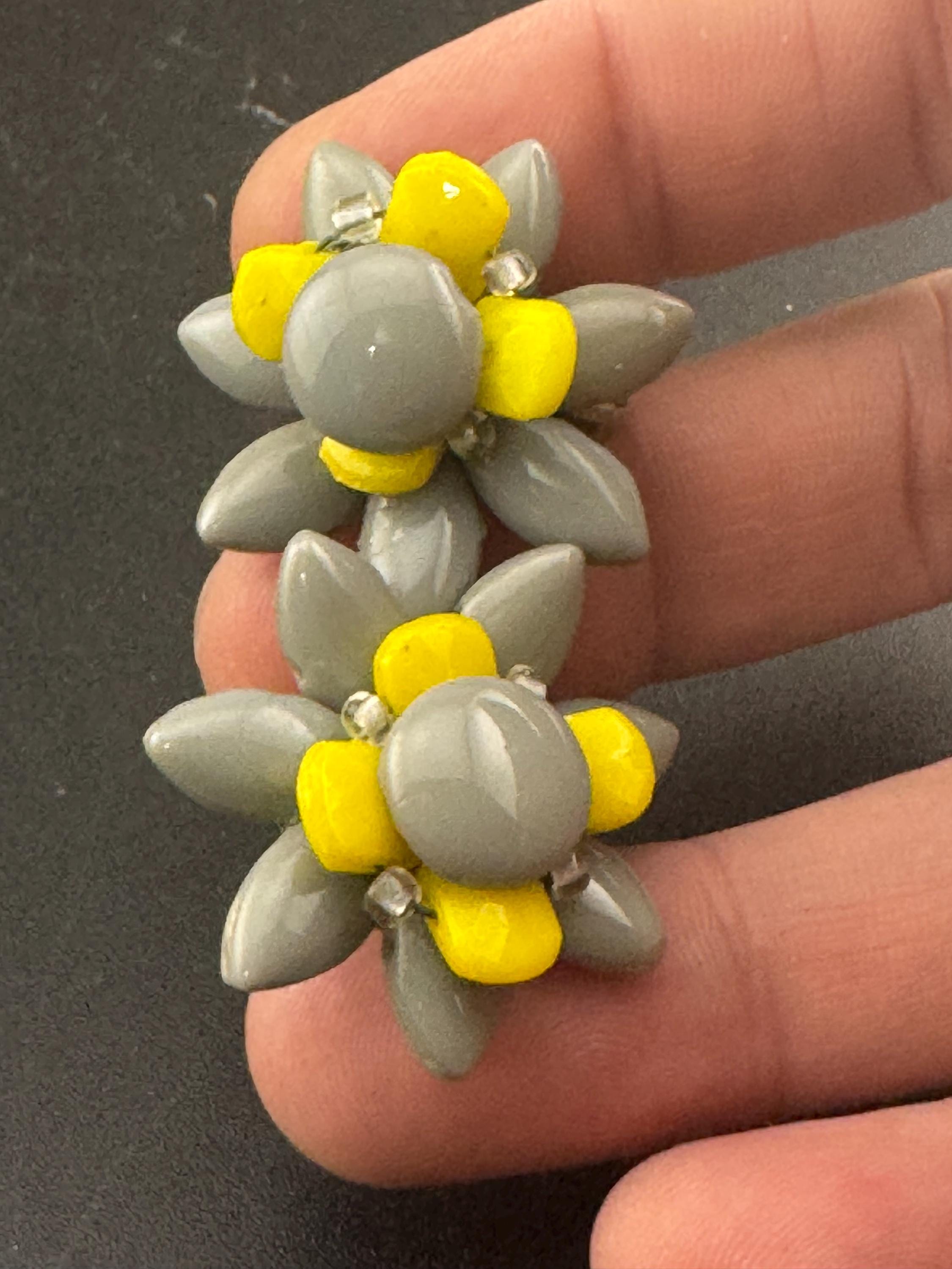 Vintage grey and yellow Czech Glass beaded Cluster Clip On Earrings