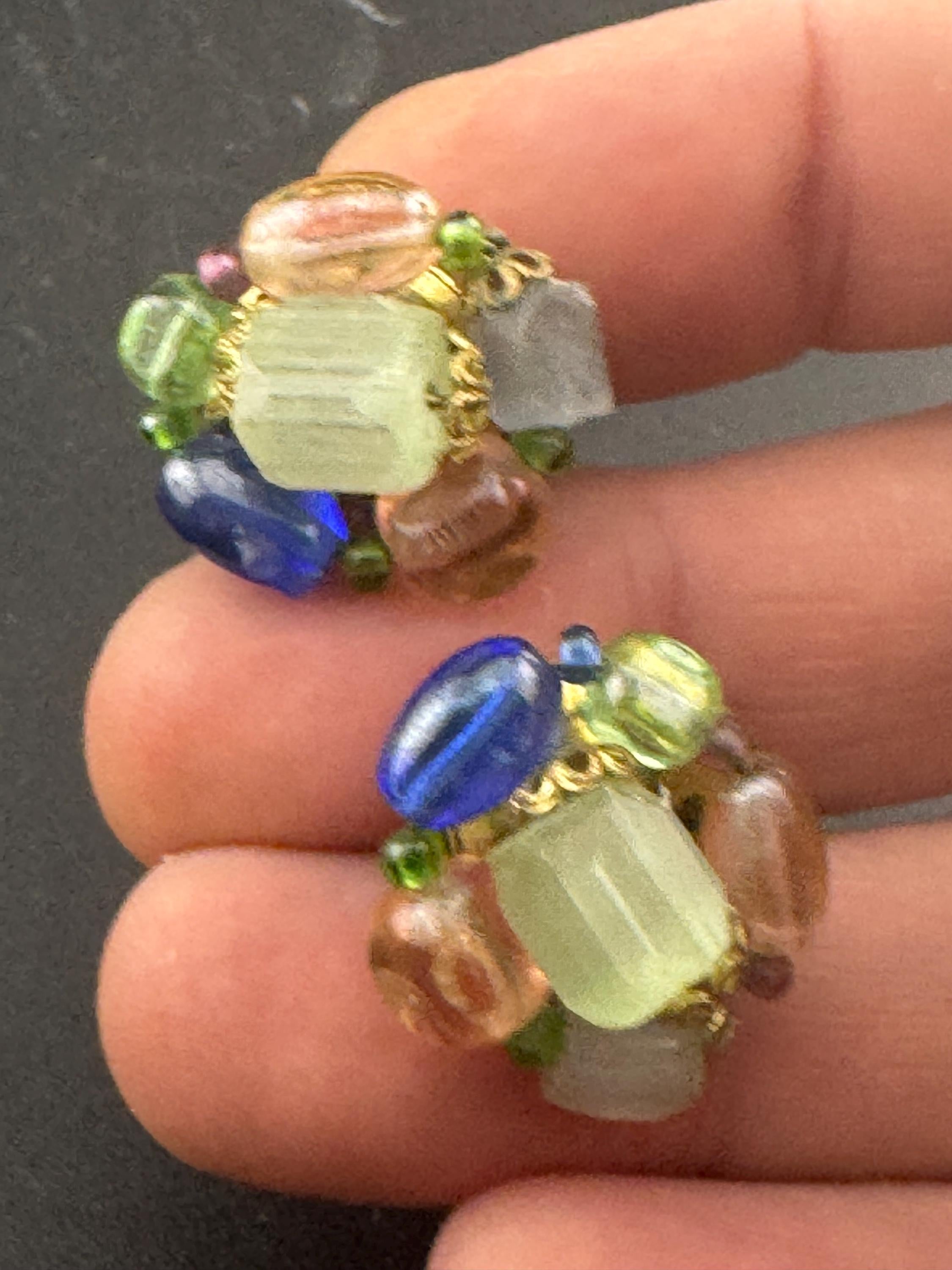 Vintage tutti fruiti pink blue green Glass beaded Cluster Clip On Earrings