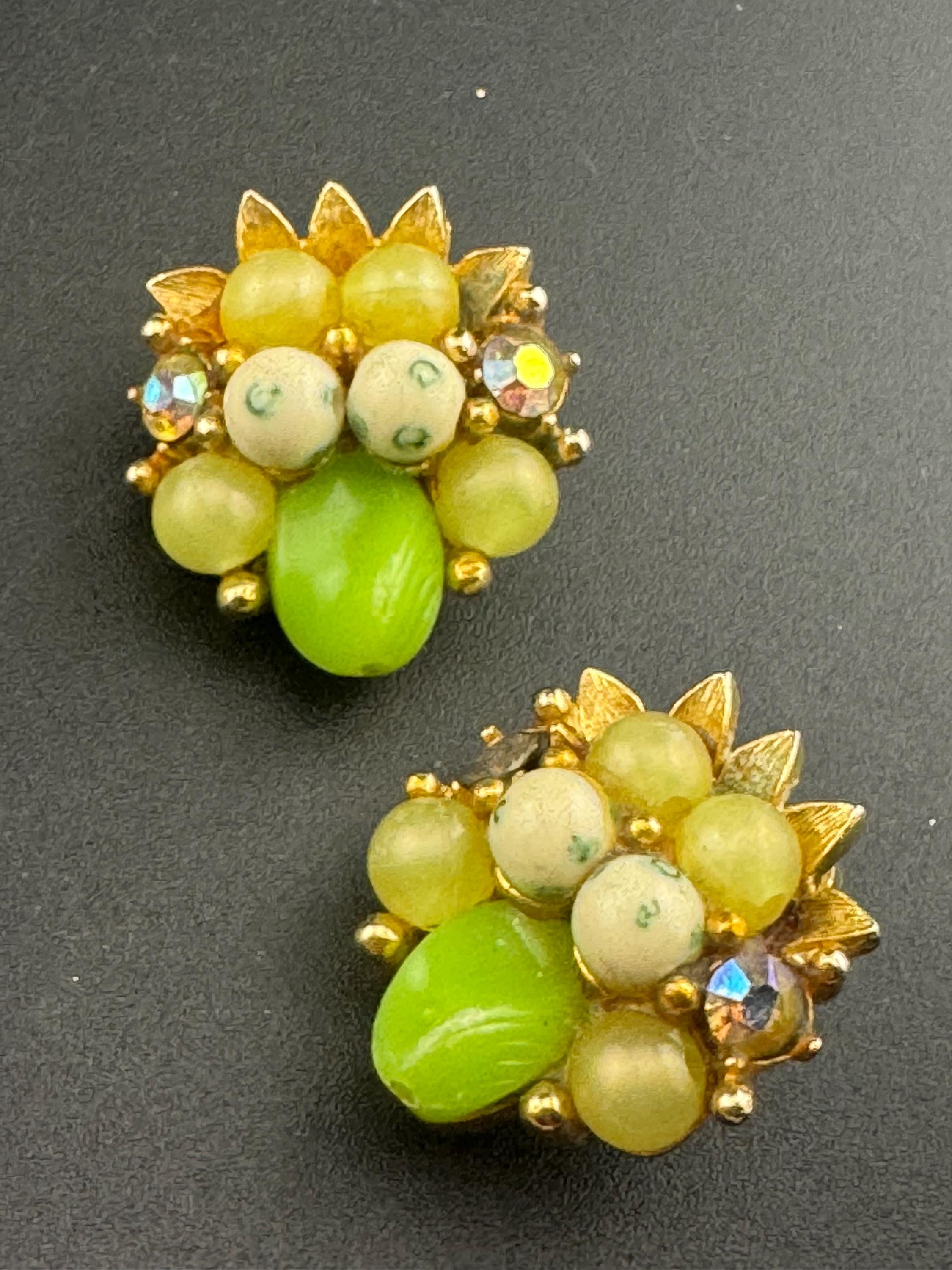 Vintage yellow green mixed Glass beaded Cluster Clip On Earrings