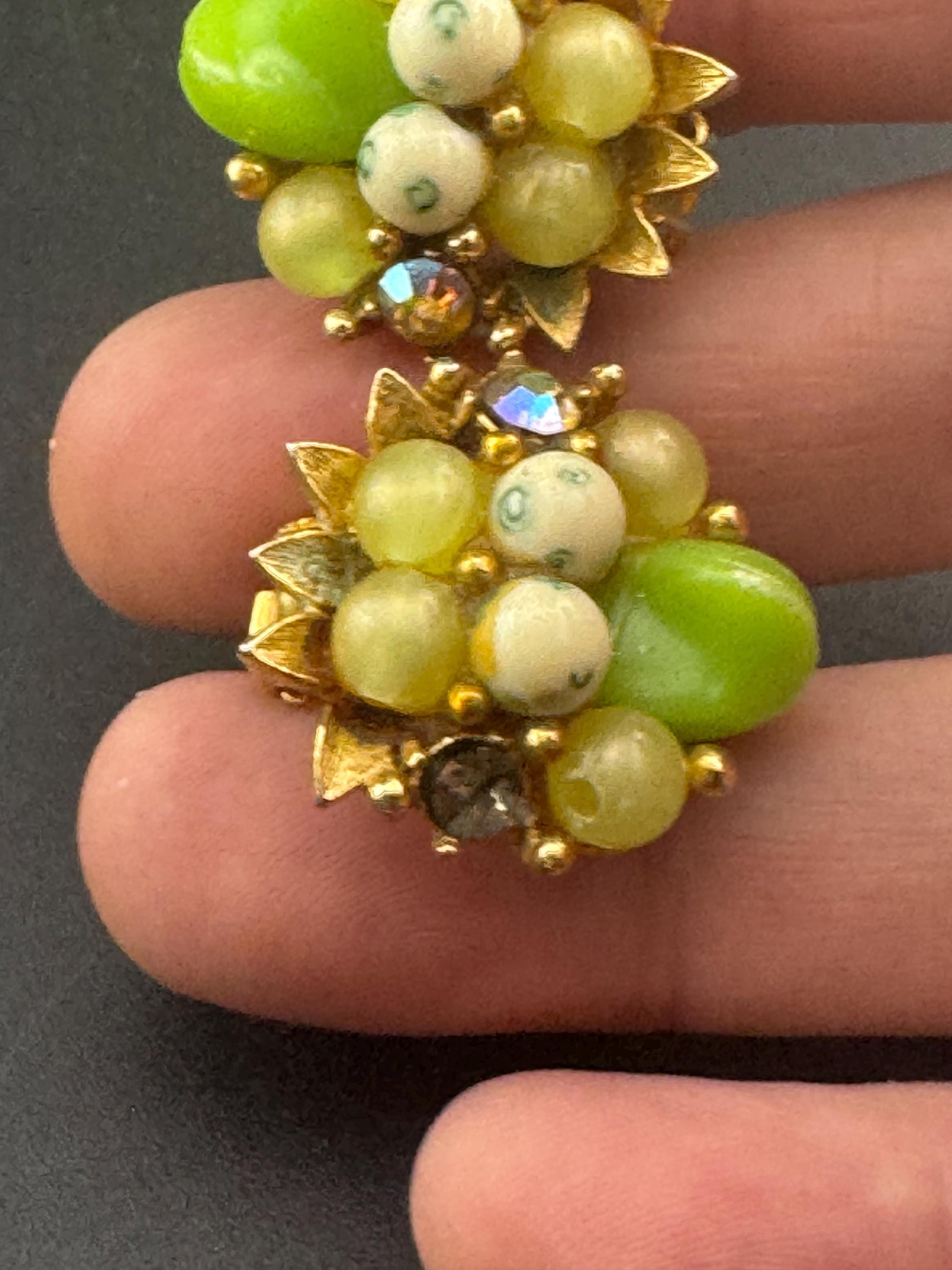 Vintage yellow green mixed Glass beaded Cluster Clip On Earrings