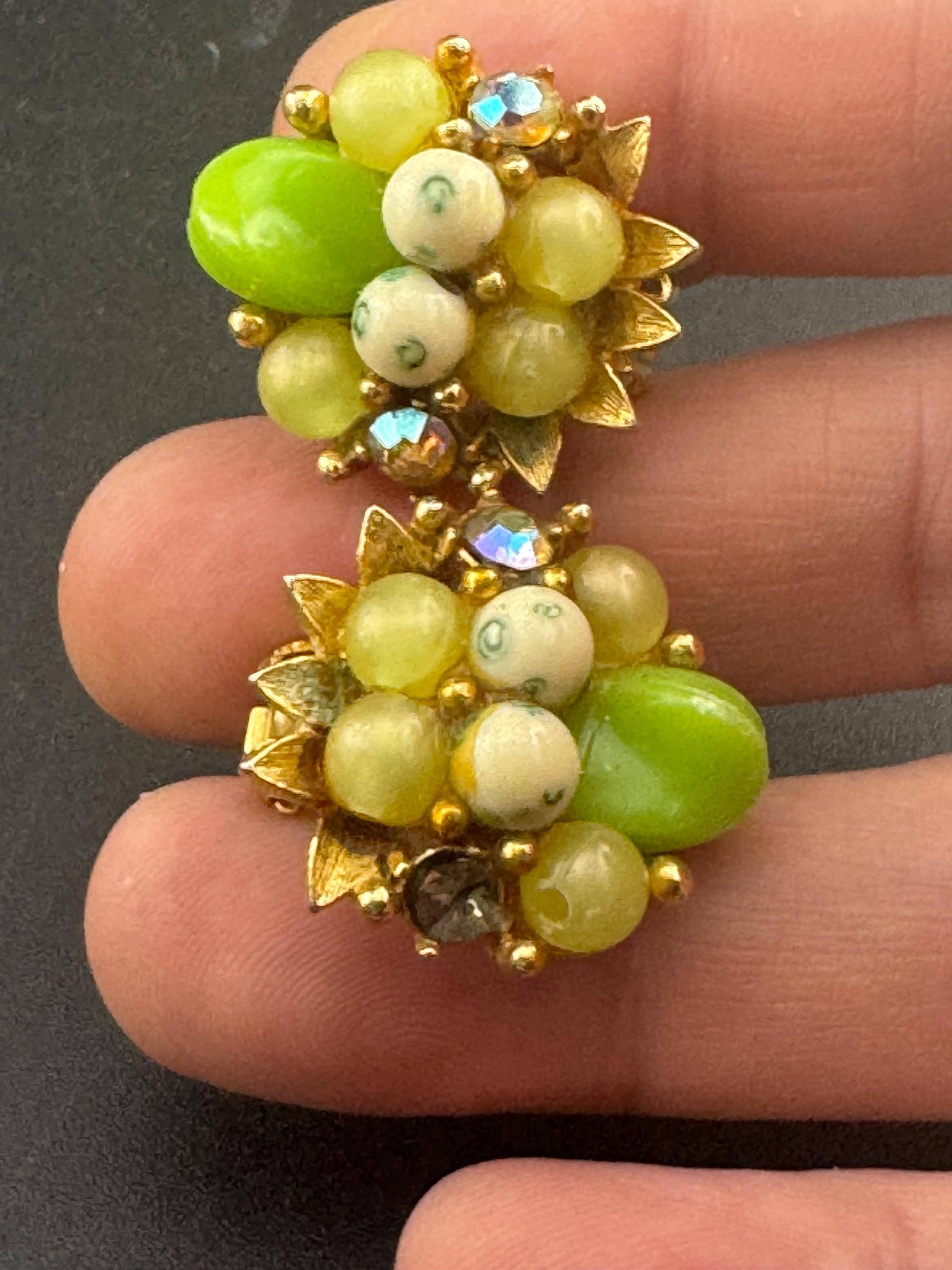 Vintage yellow green mixed Glass beaded Cluster Clip On Earrings