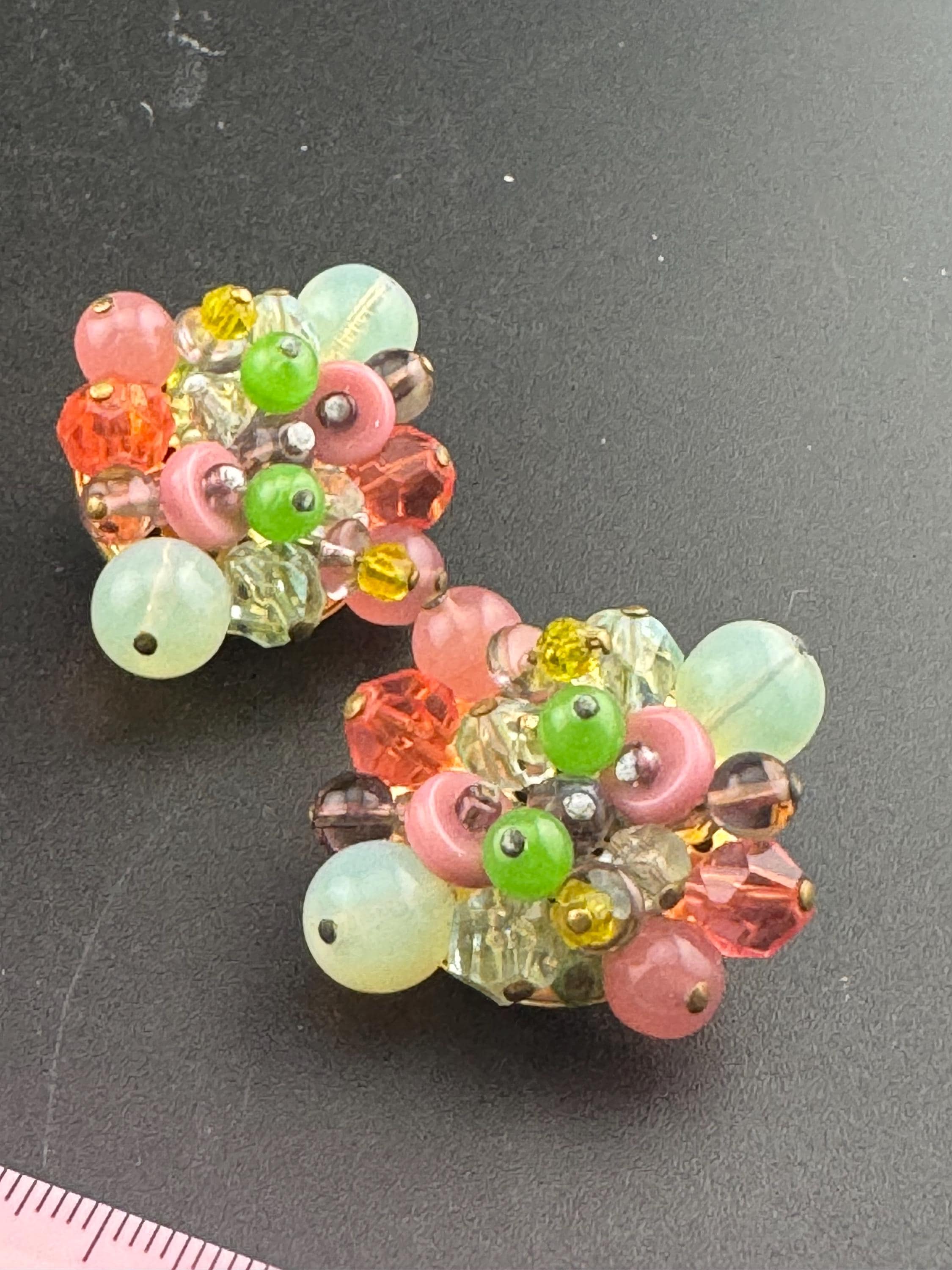 Vintage oversized tutti fruiti pink and green Glass beaded Cluster Clip On Earrings