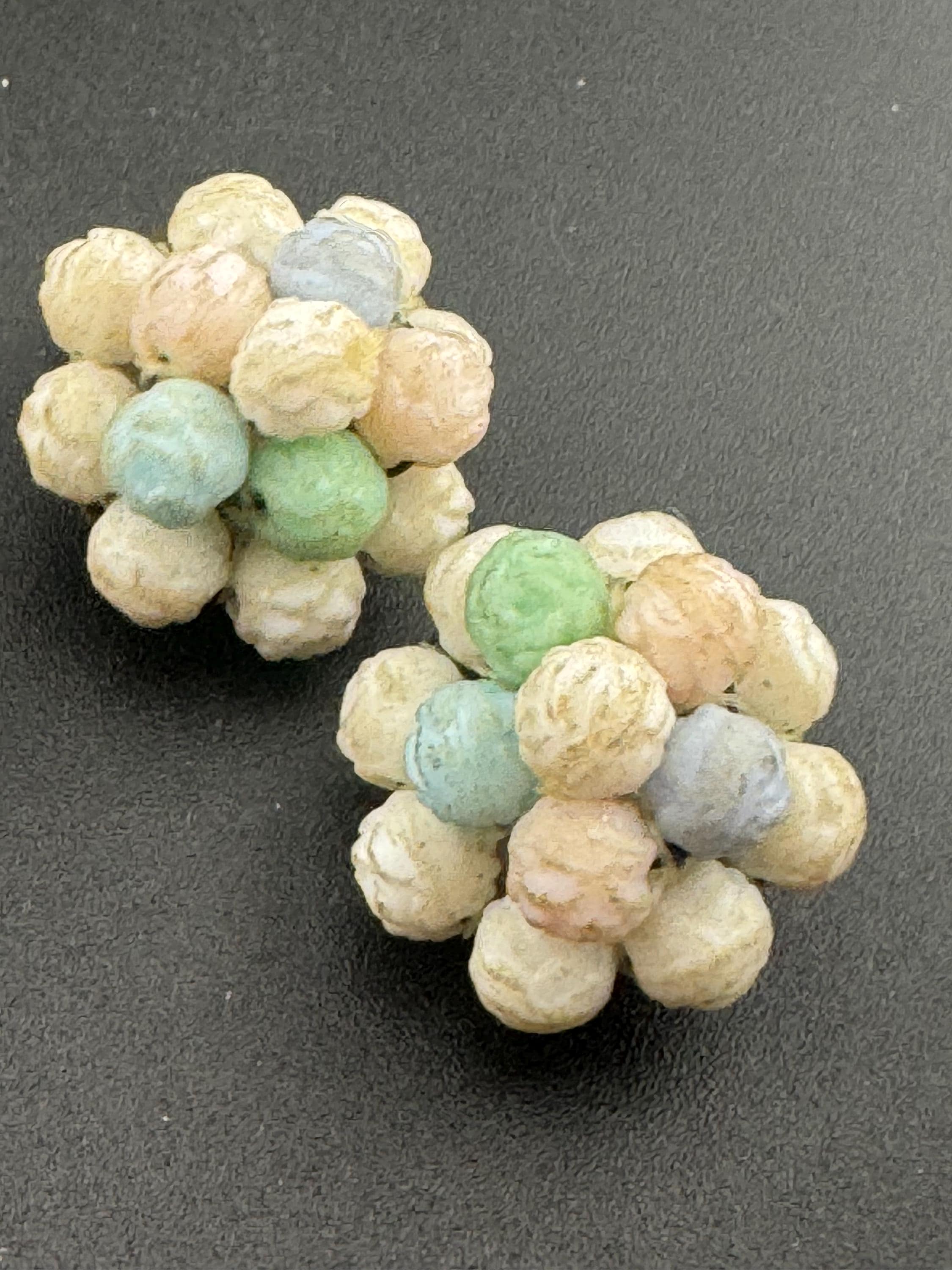 Vintage pastel blue pink green cream mixed Glass beaded Cluster Clip On Earrings