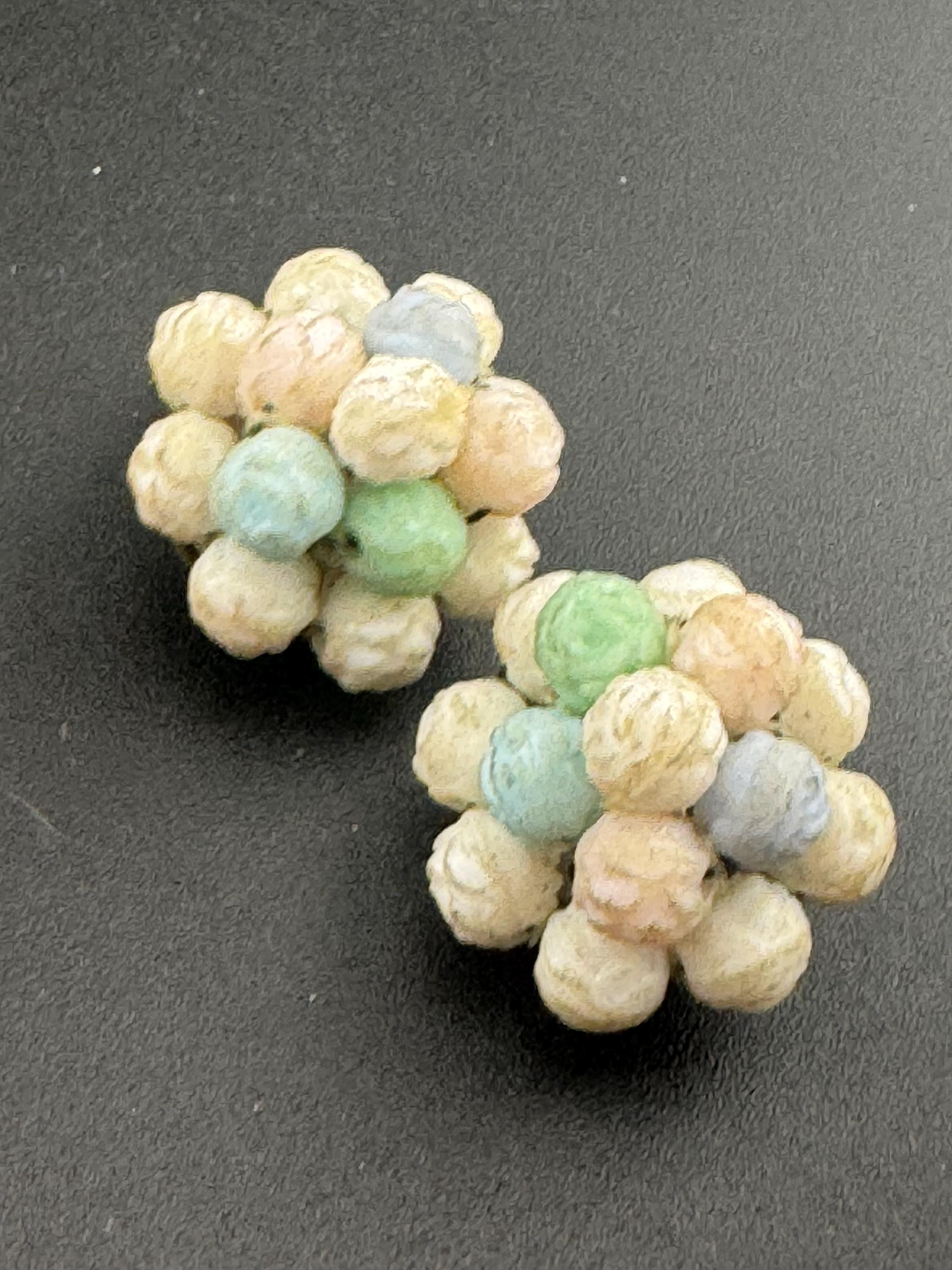 Vintage pastel blue pink green cream mixed Glass beaded Cluster Clip On Earrings