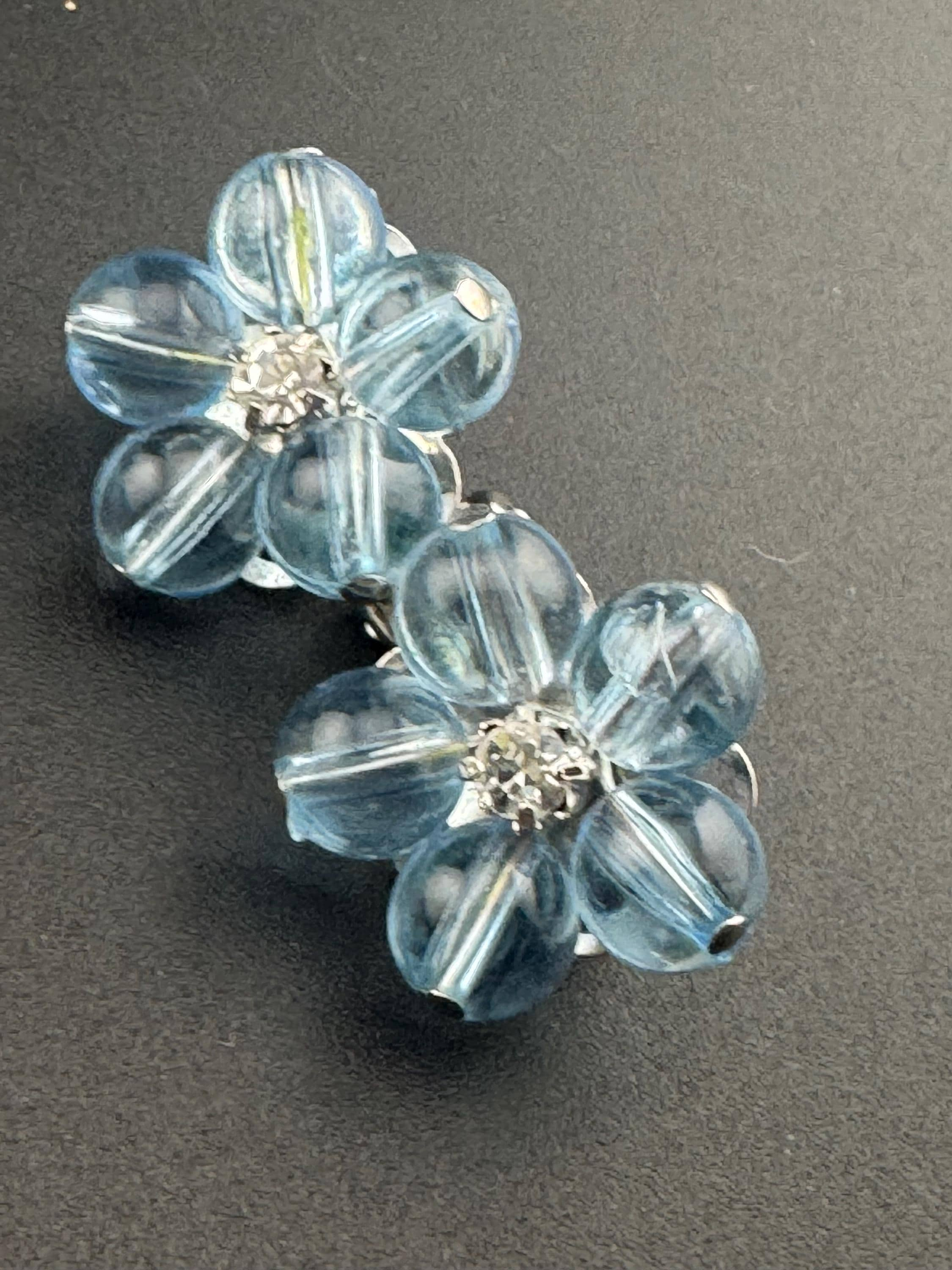 Vintage pastel blue Glass beaded diamanté crystal Cluster Clip On Earrings