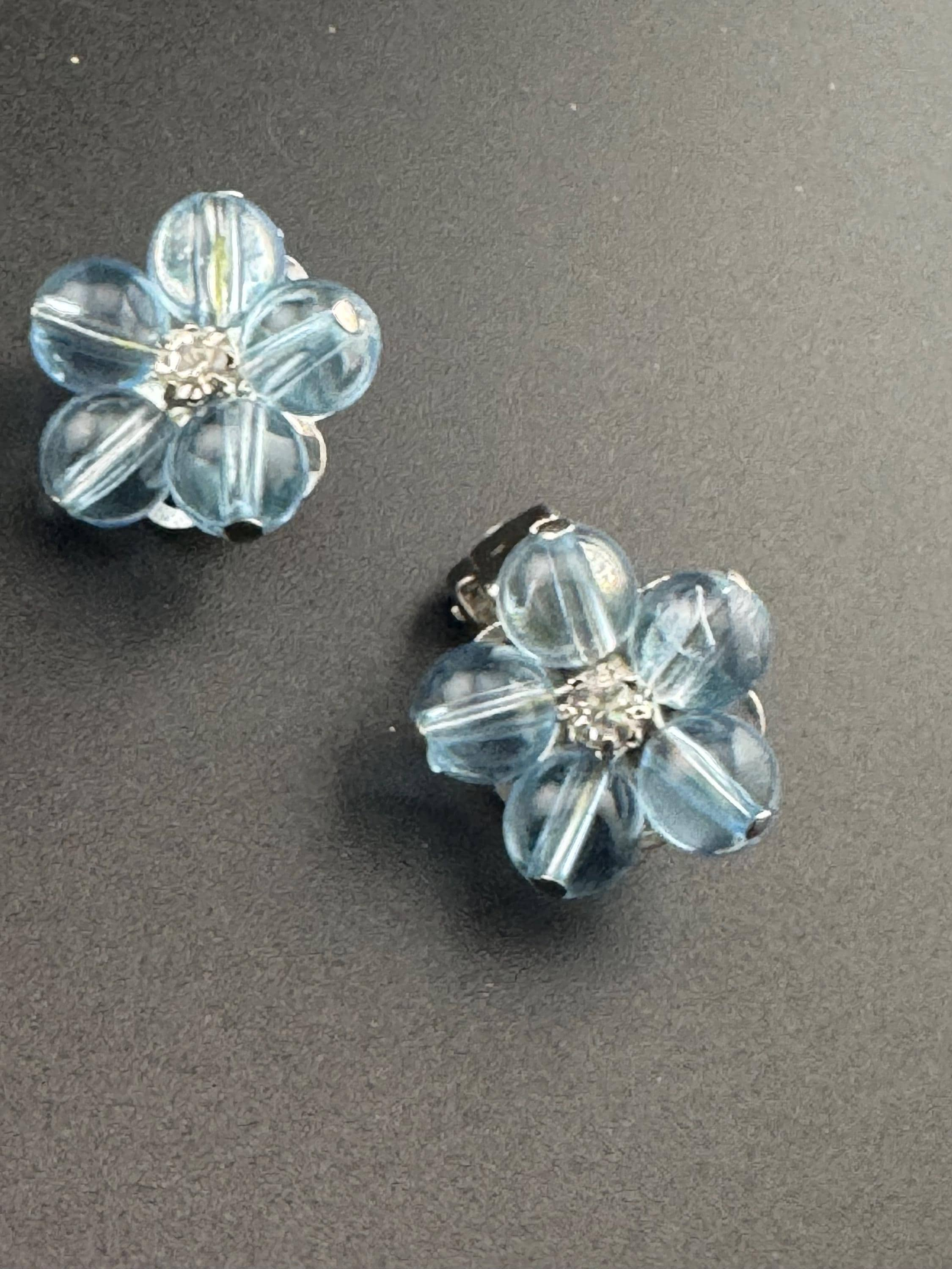 Vintage pastel blue Glass beaded diamanté crystal Cluster Clip On Earrings