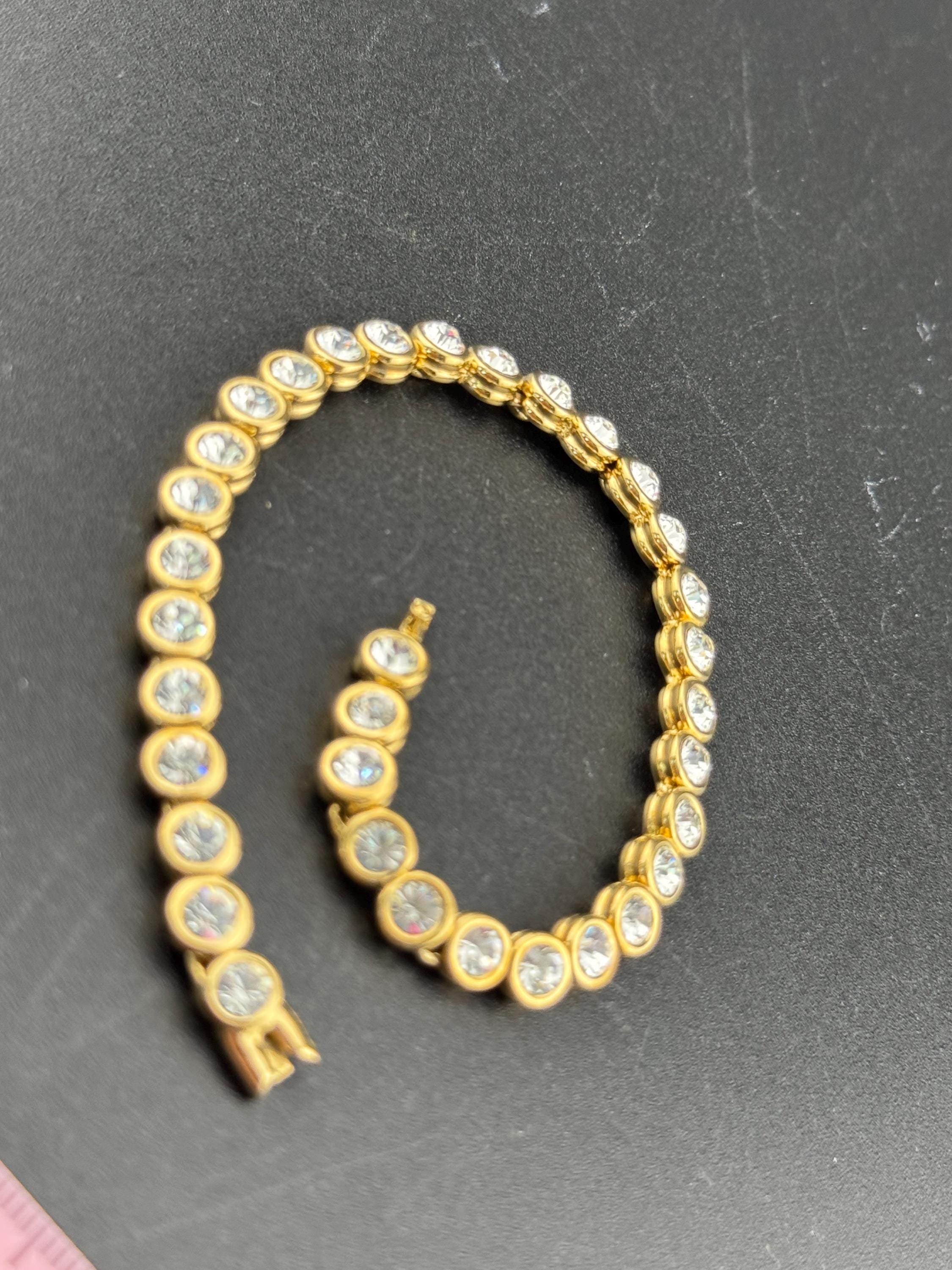 Vintage clear diamanté Crystal bezel set gold plated tennis bracelet