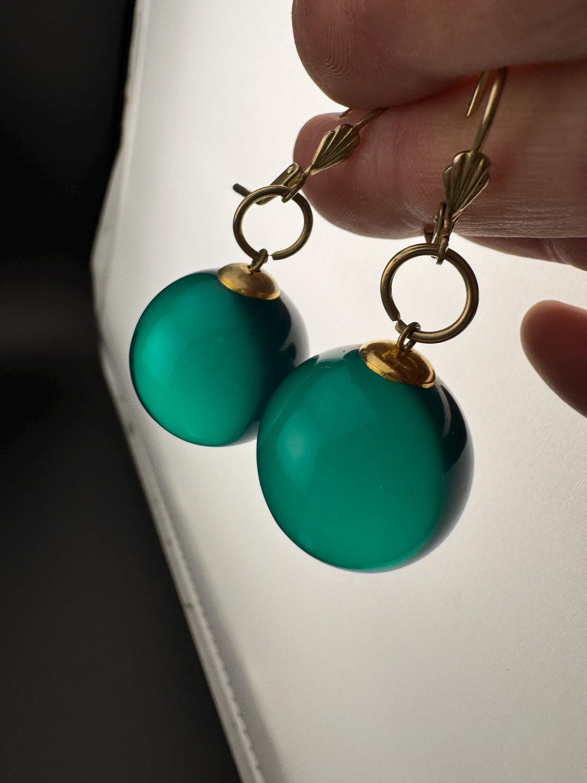 Oversized Emerald green acrylic ball bead dangly gold tone earrings for pierced ears