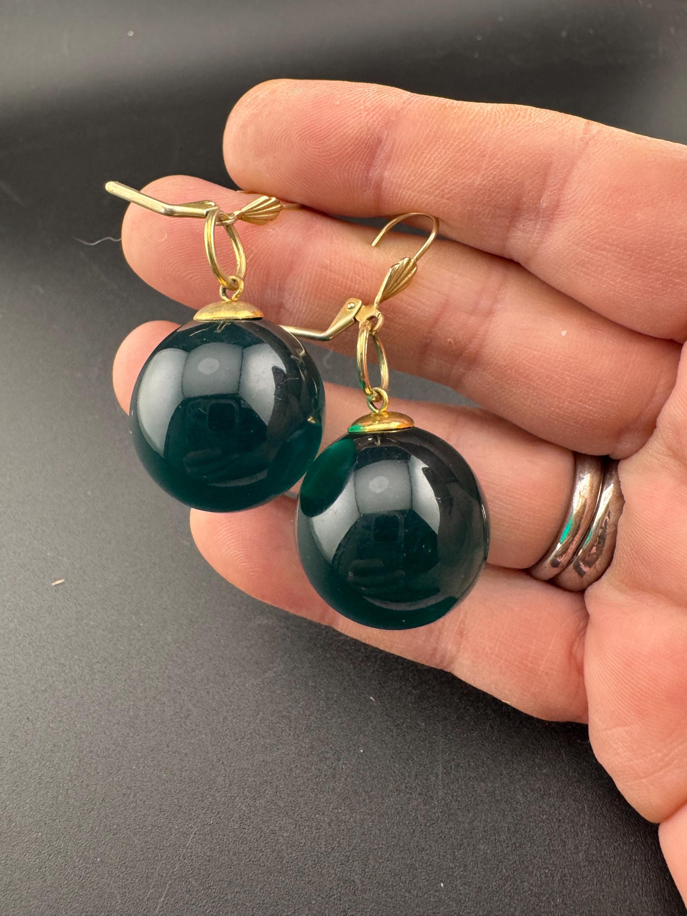 Oversized Emerald green acrylic ball bead dangly gold tone earrings for pierced ears