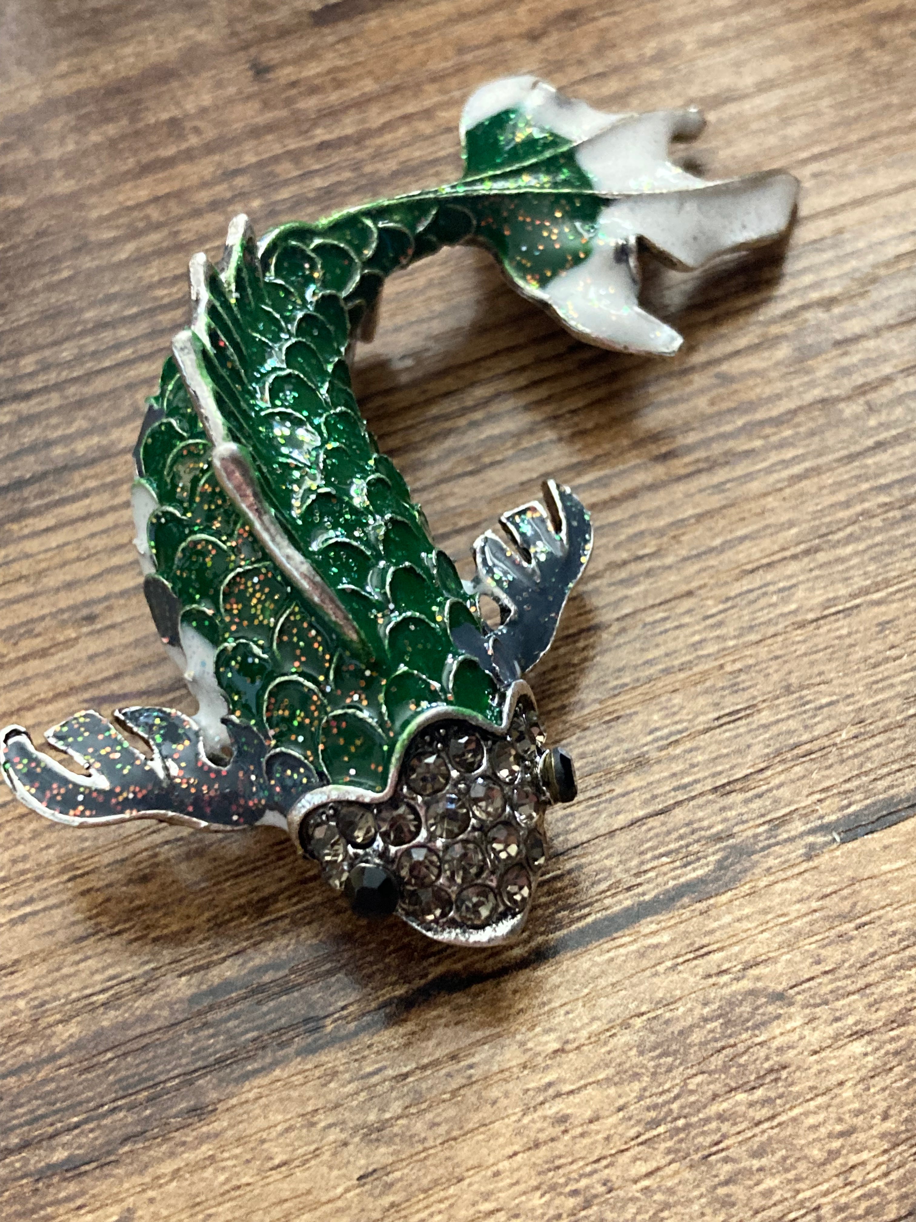 Large White and green enamel diamanté fish brooch