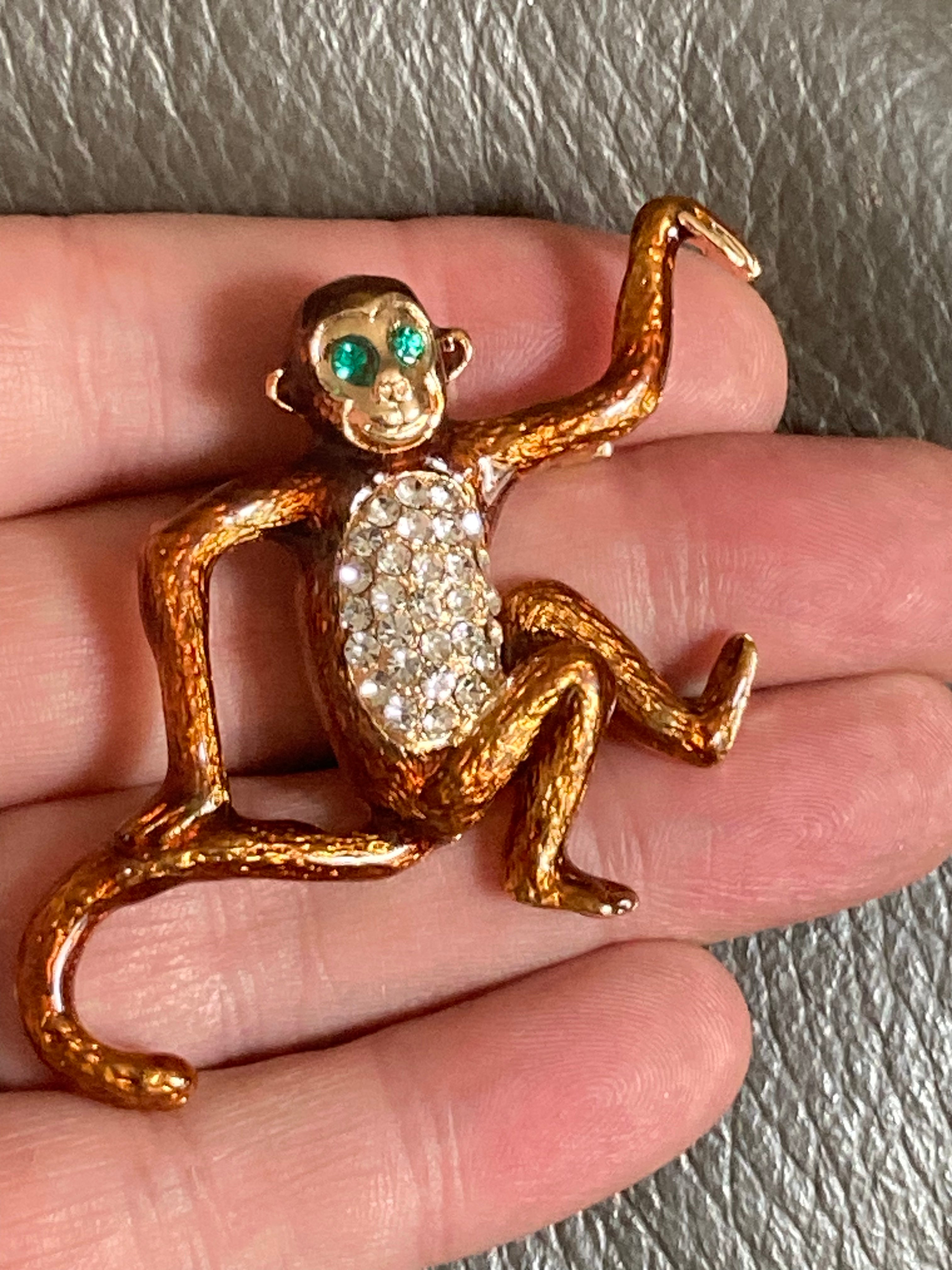 Brown enamel diamanté monkey brooch