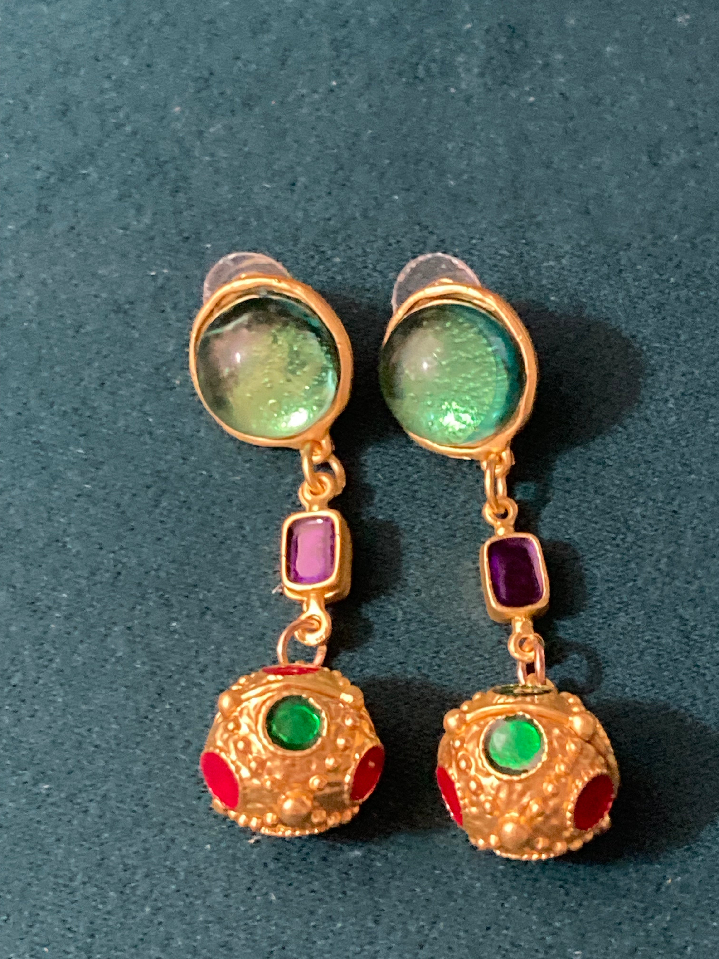 Gold orbs earrings gripoix style emerald ruby drops