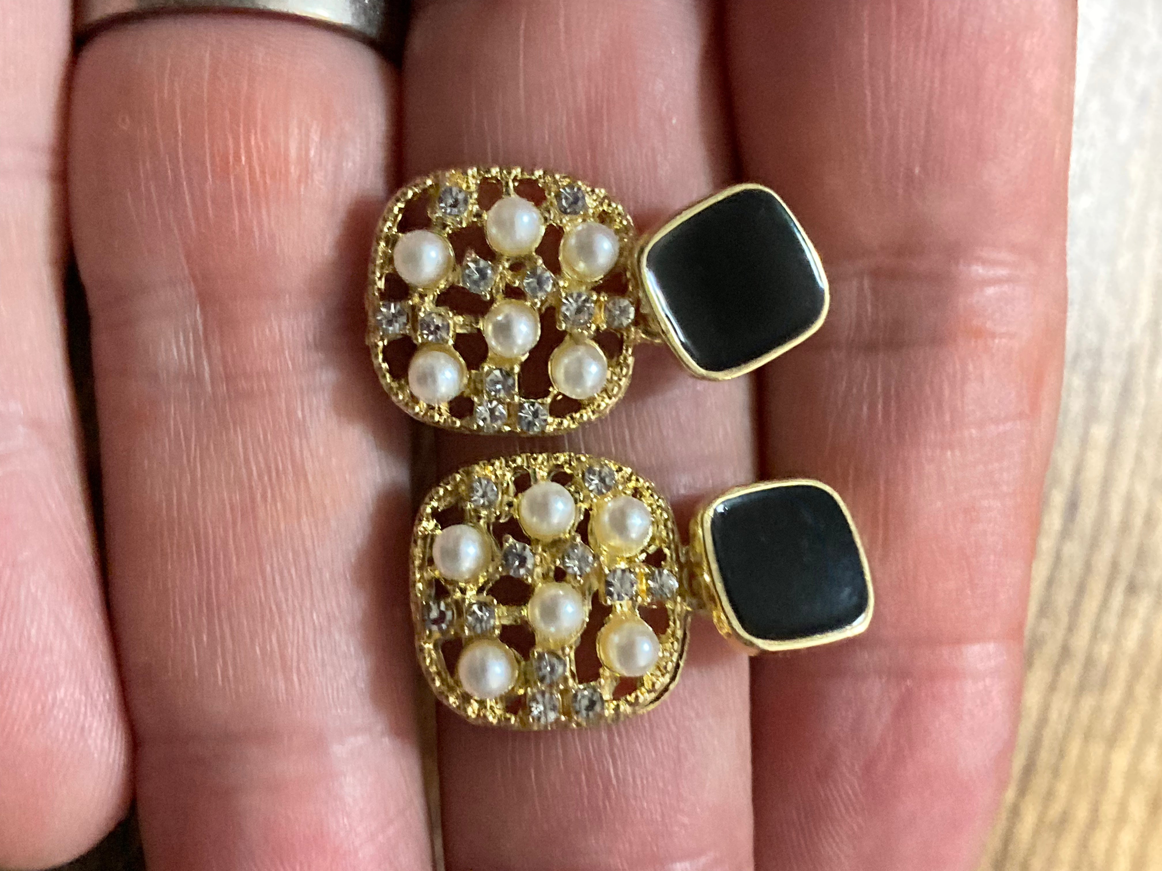 Black enamel and seed pearl gold tone drop earrings pierced