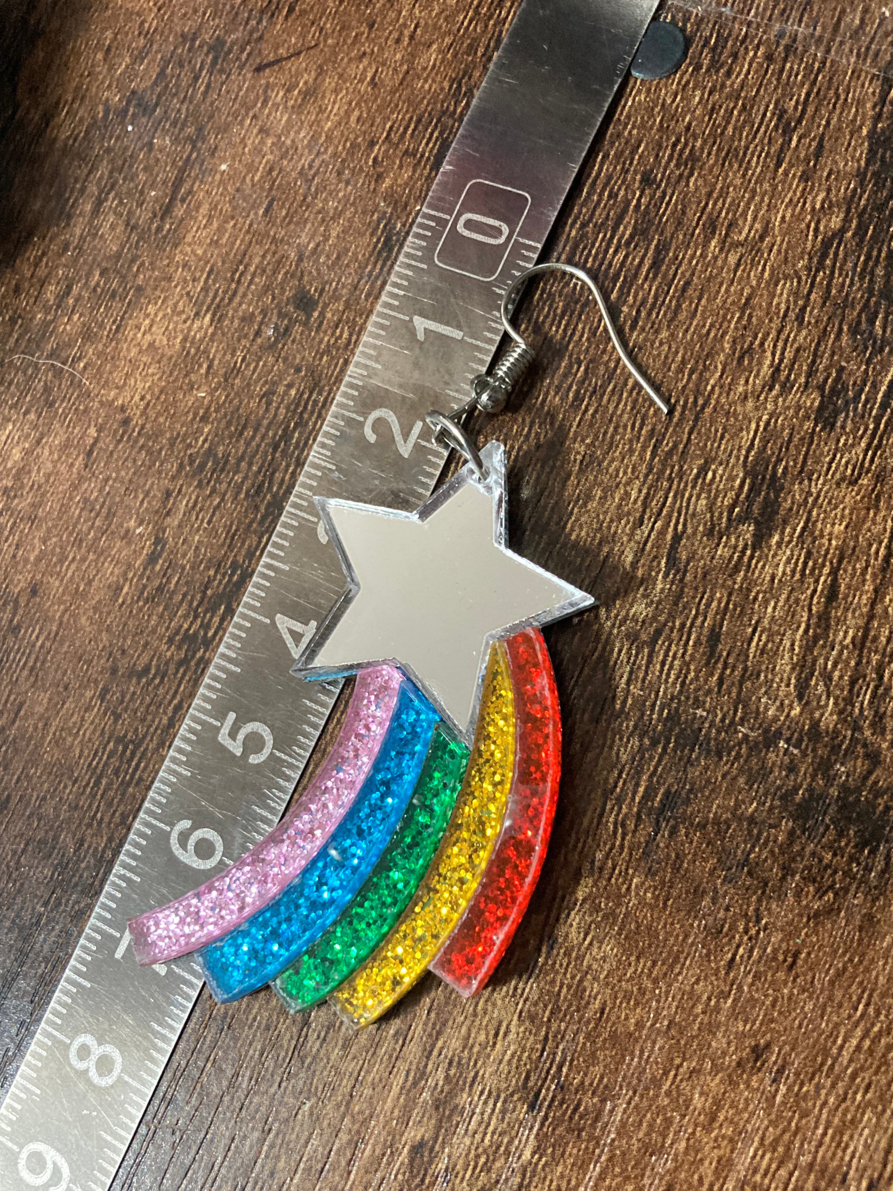 Acrylic rainbow shooting star mirror finish earrings