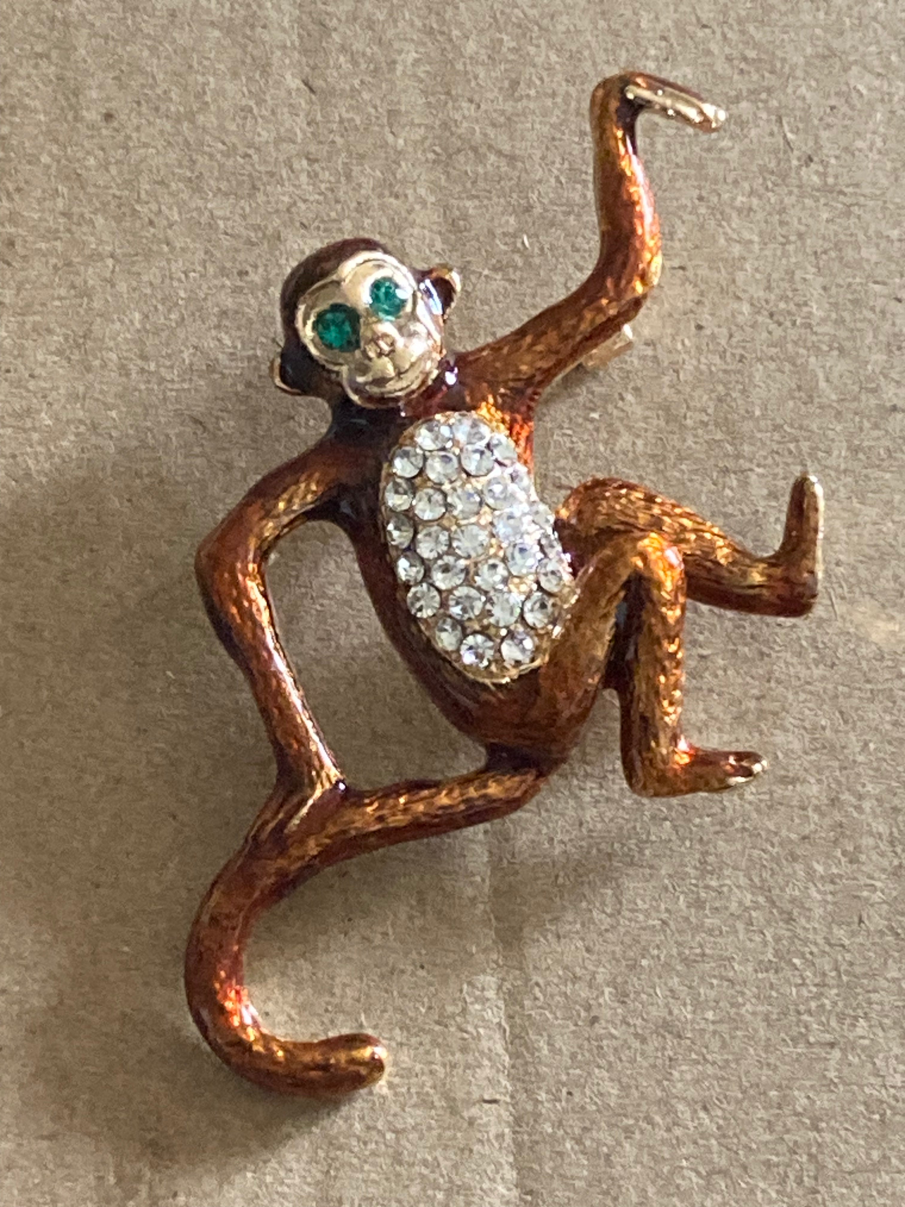 Brown enamel diamanté monkey brooch