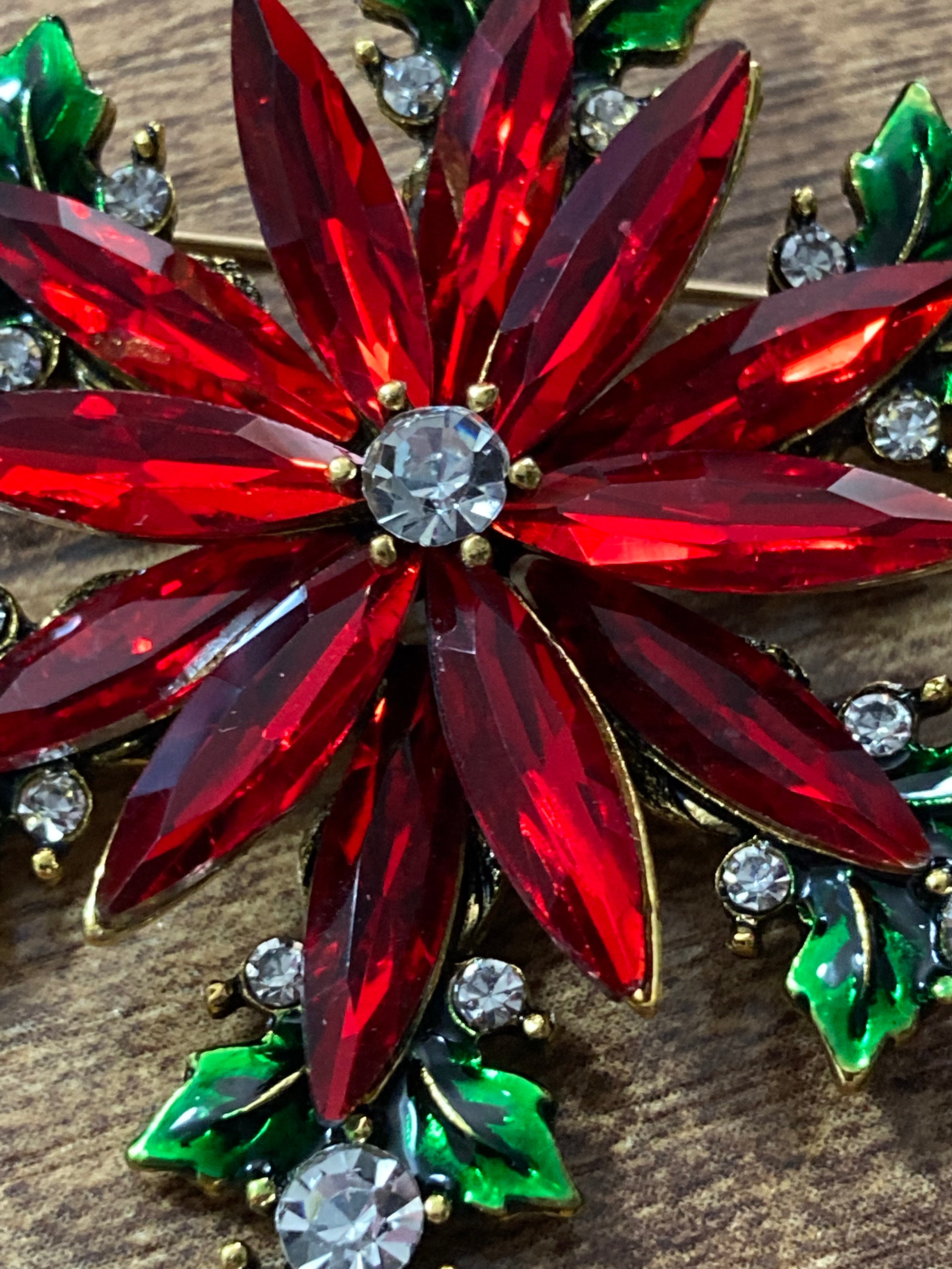 Diamanté Christmas poinsettia brooch