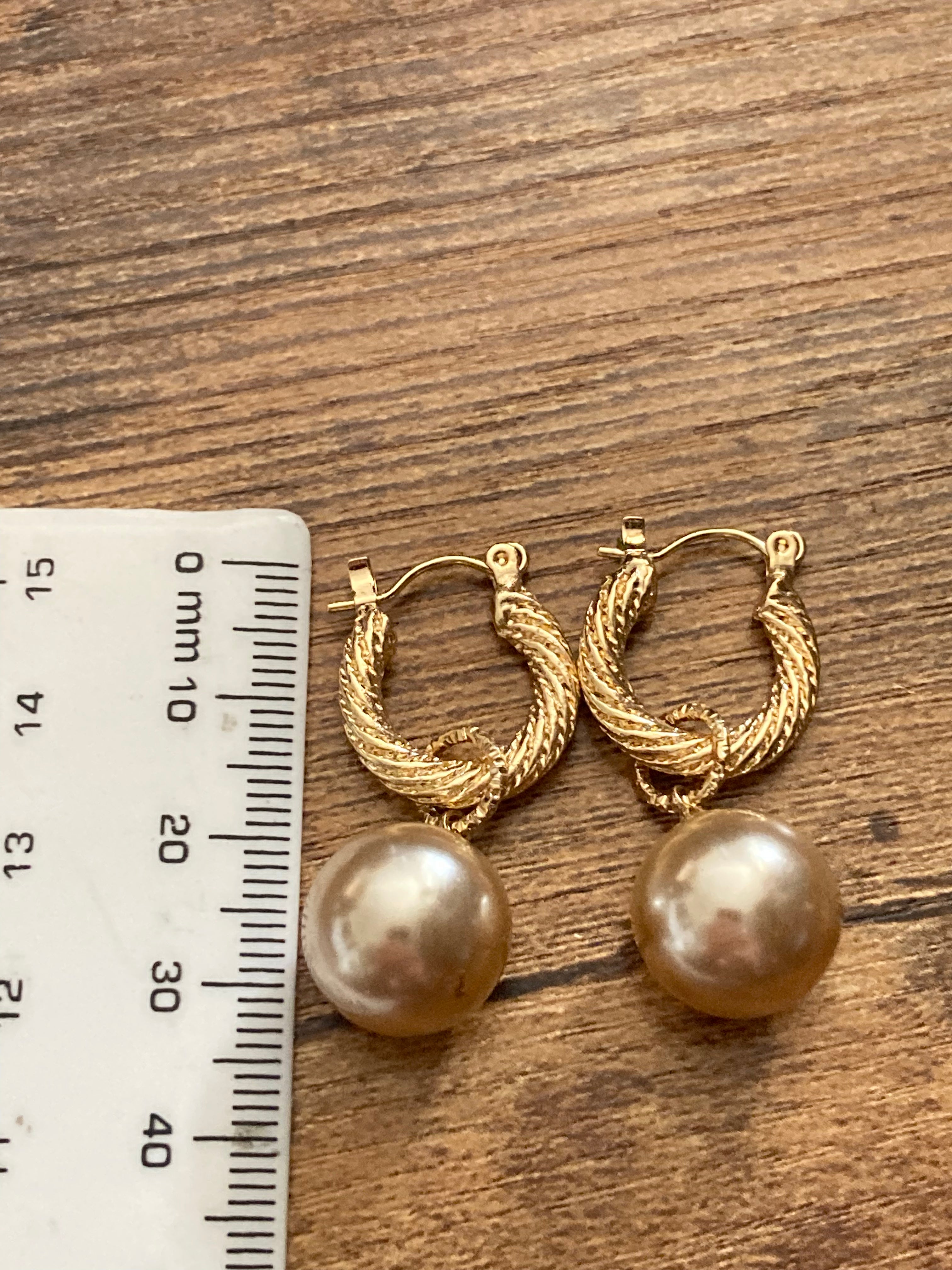 pearl ball drop hoop earrings gold tone