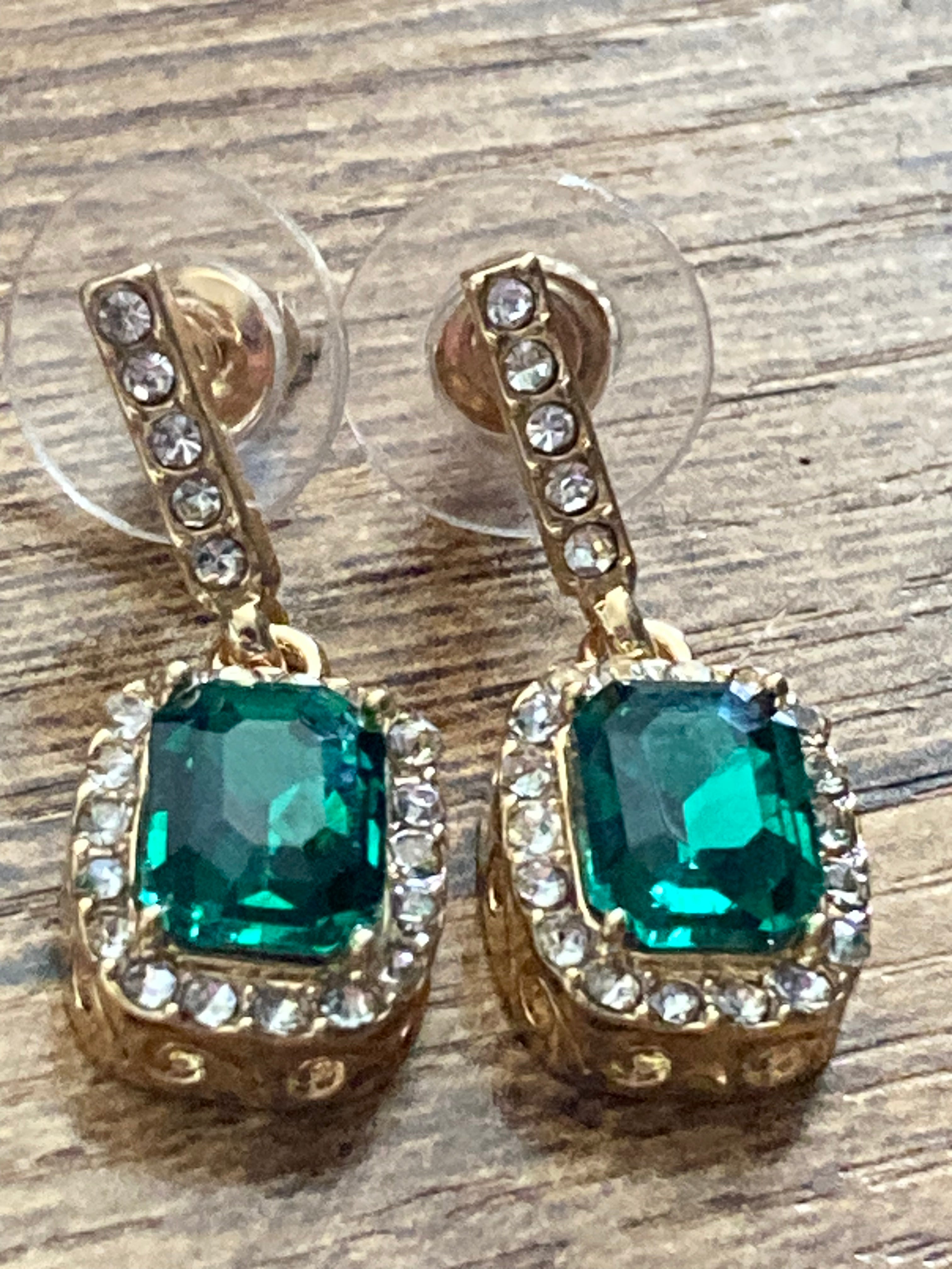 Emerald & clear diamanté antique style drop earrings