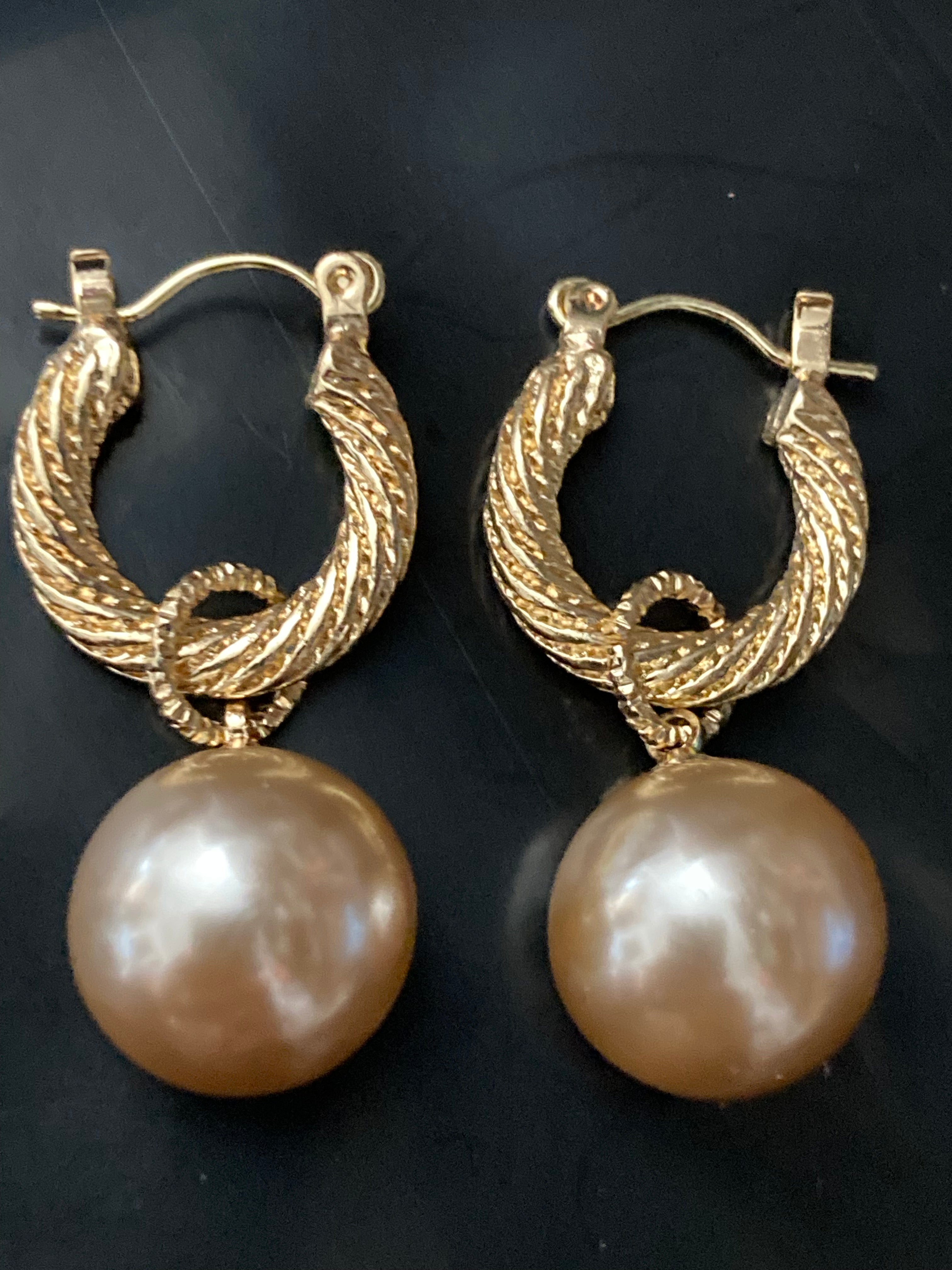 pearl ball drop hoop earrings gold tone