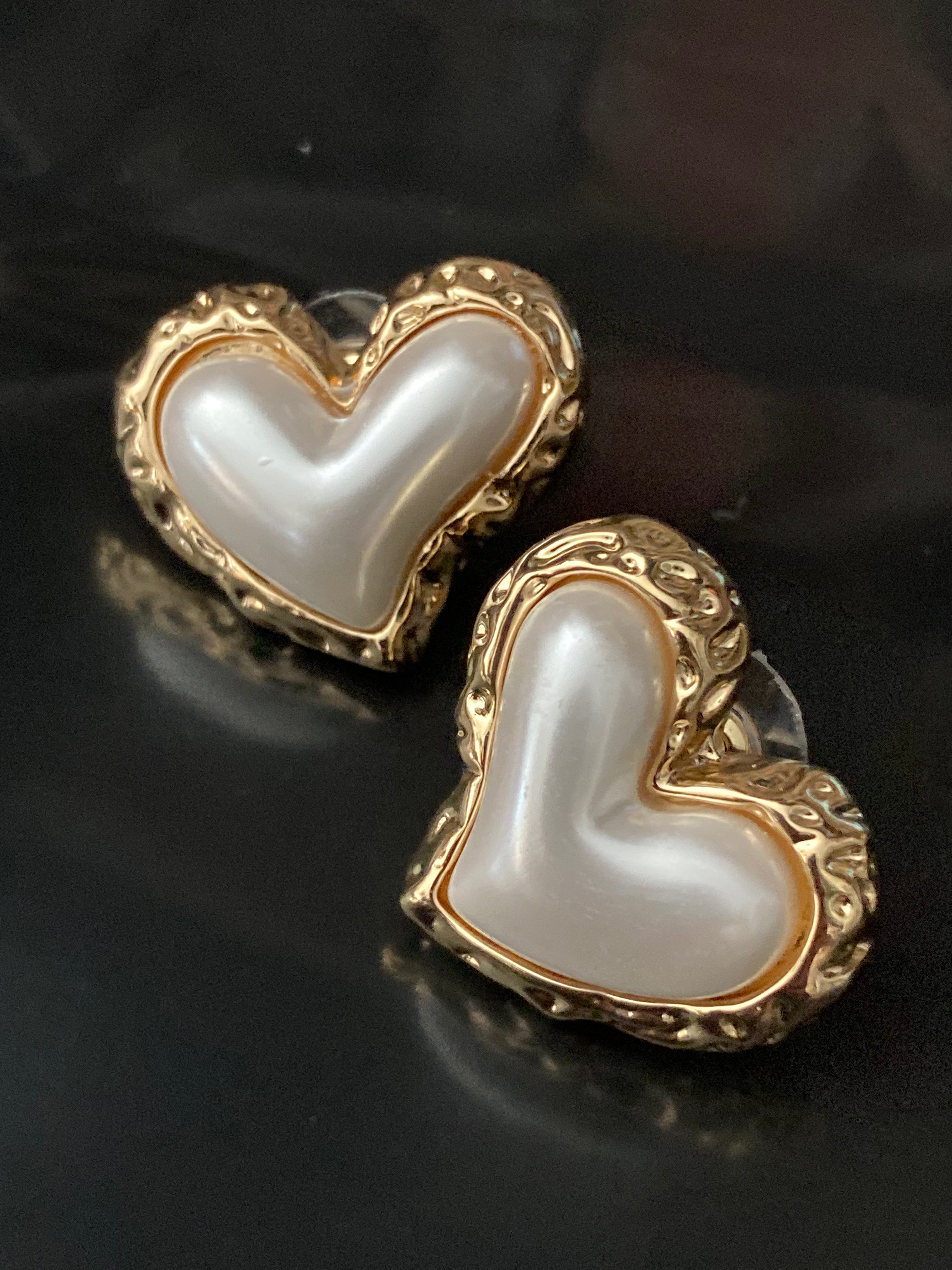 Pearl bubble love heart earrings gold tone