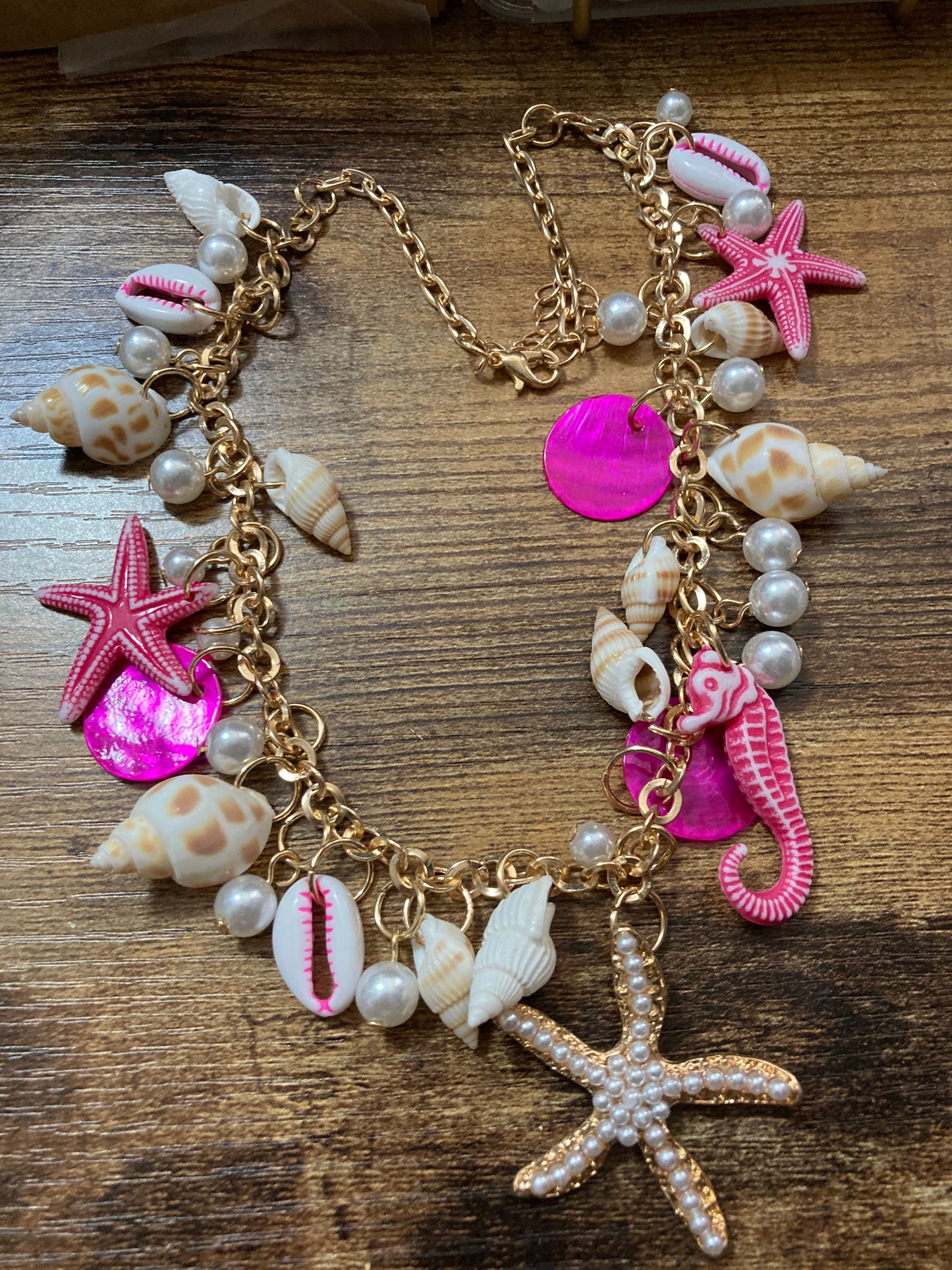 Chunky nautical summer necklace bright pink plastic charms