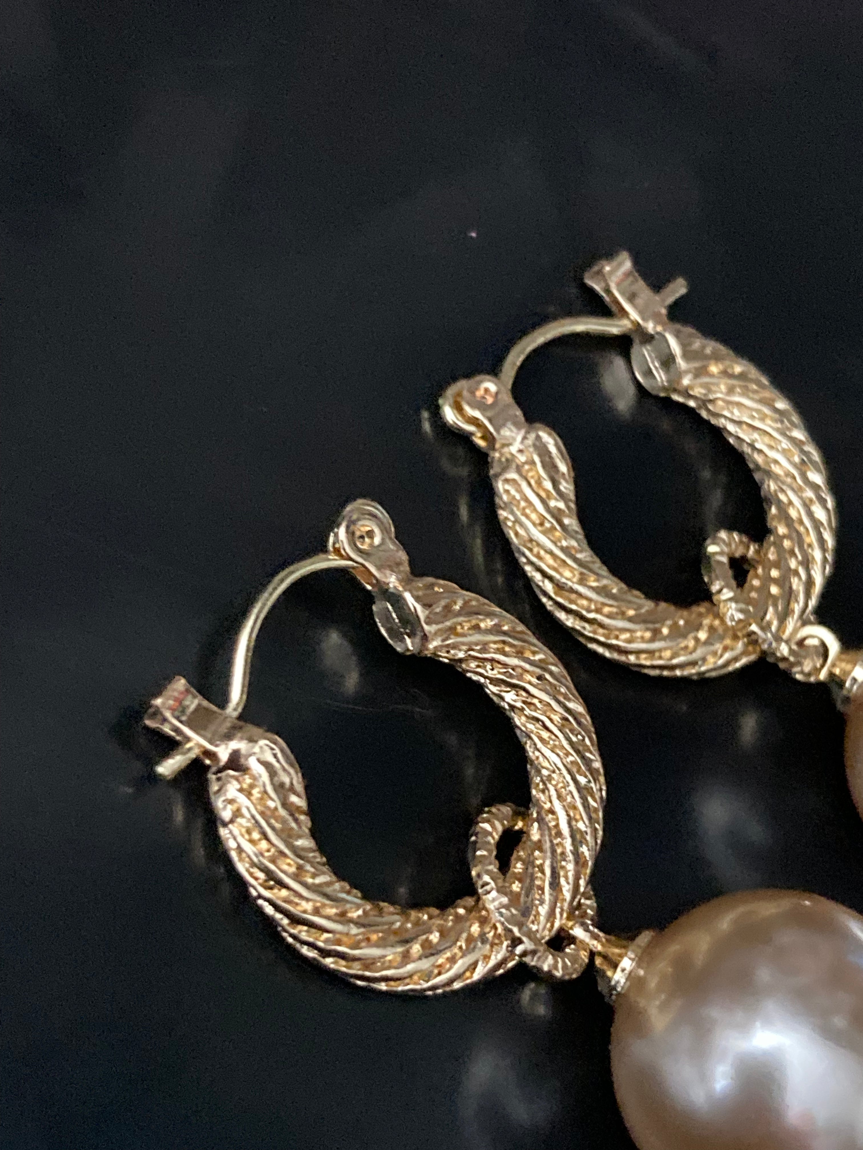 pearl ball drop hoop earrings gold tone