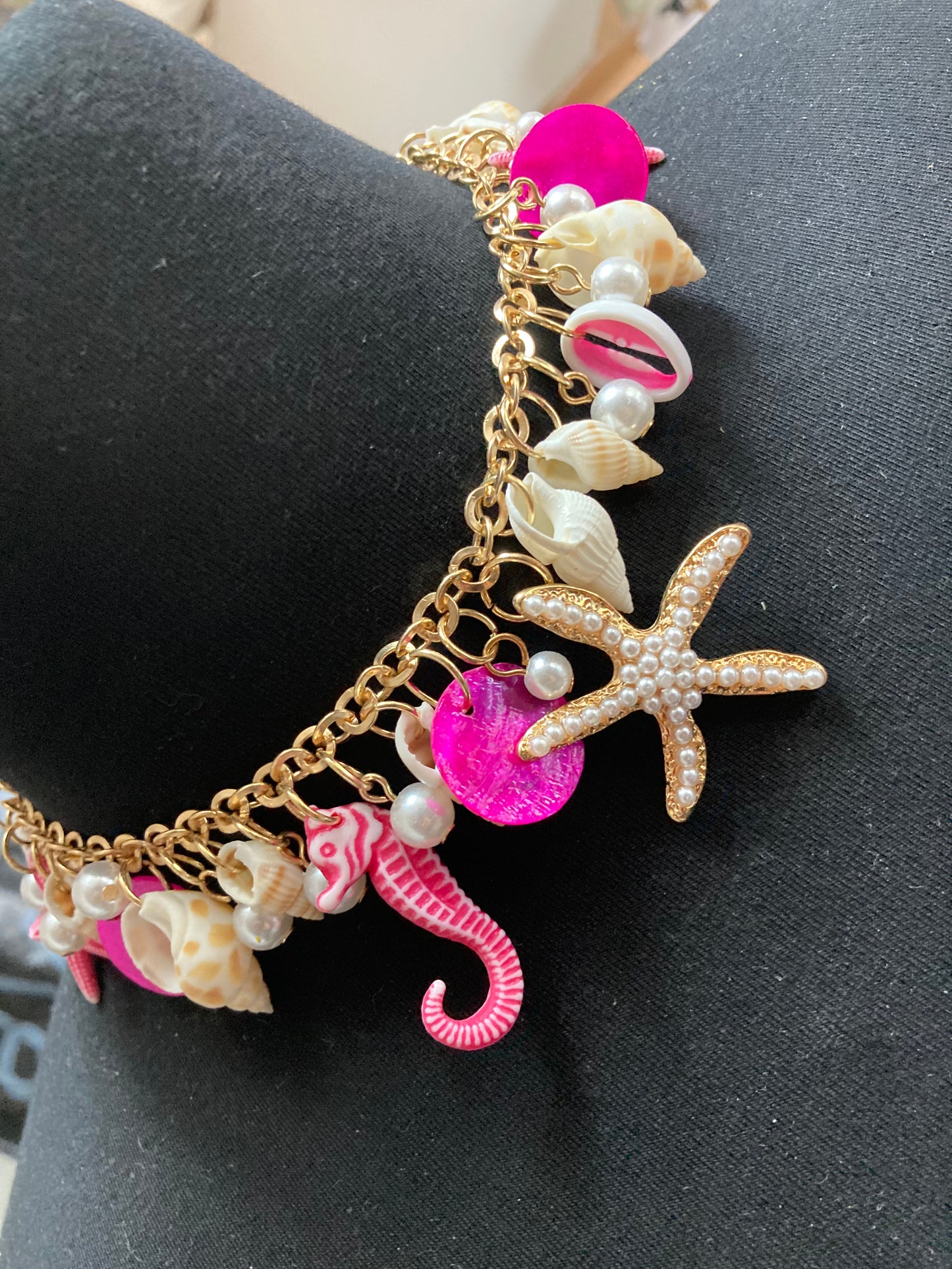 Chunky nautical summer necklace bright pink plastic charms